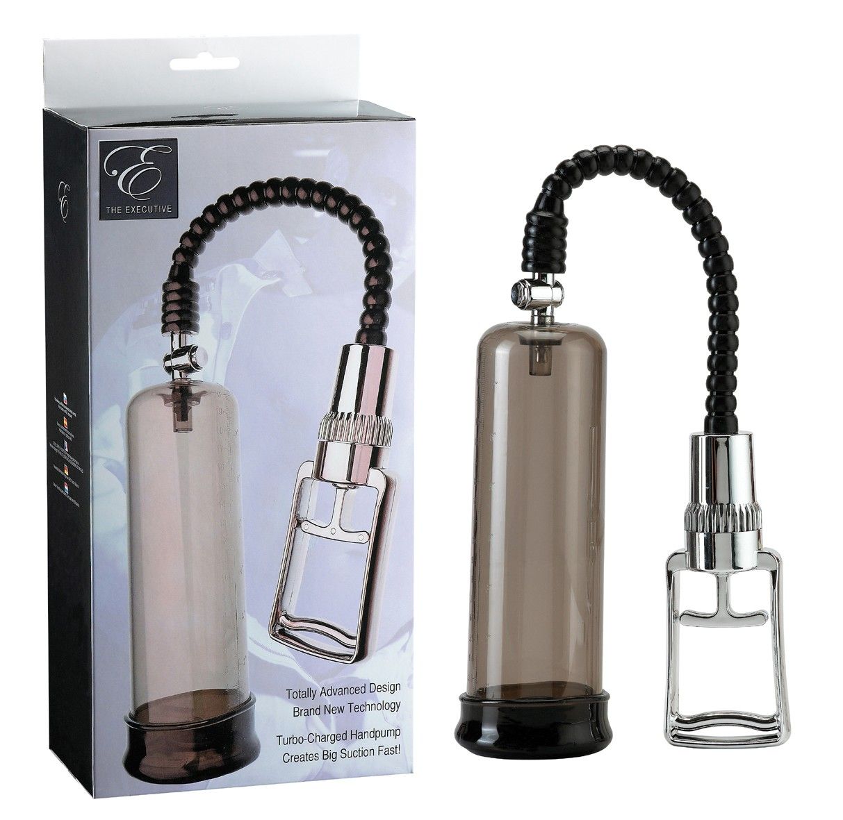 Pumpe mit schwarzem Schlauch und Griff. Verpackung mit Logo und Text. Transparentes Gehäuse, schwarzer Sockel.