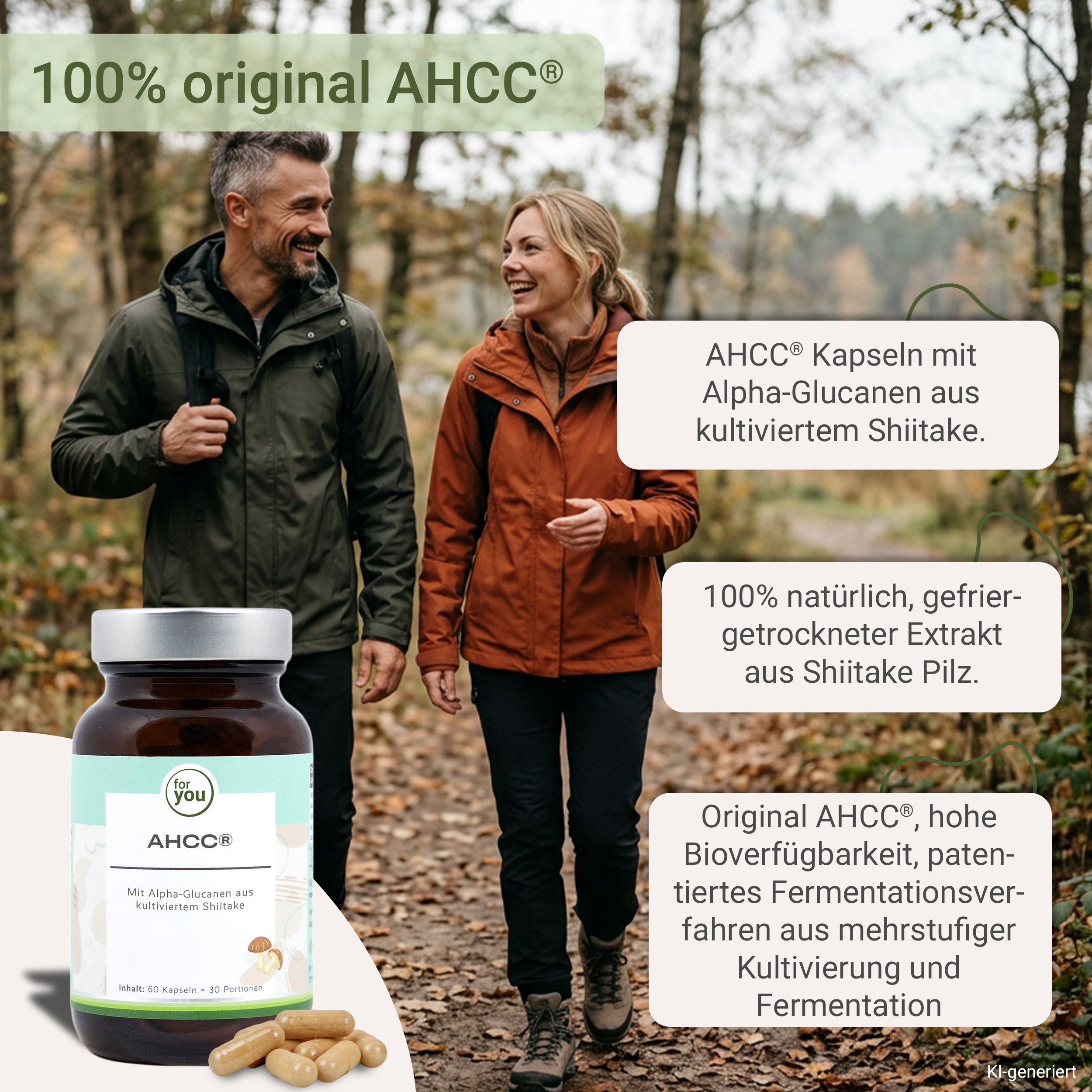 Flasche AHCC® Kapseln mit Alpha-Glucanen aus kultiviertem Shiitake, daneben Kapseln und Pilze.