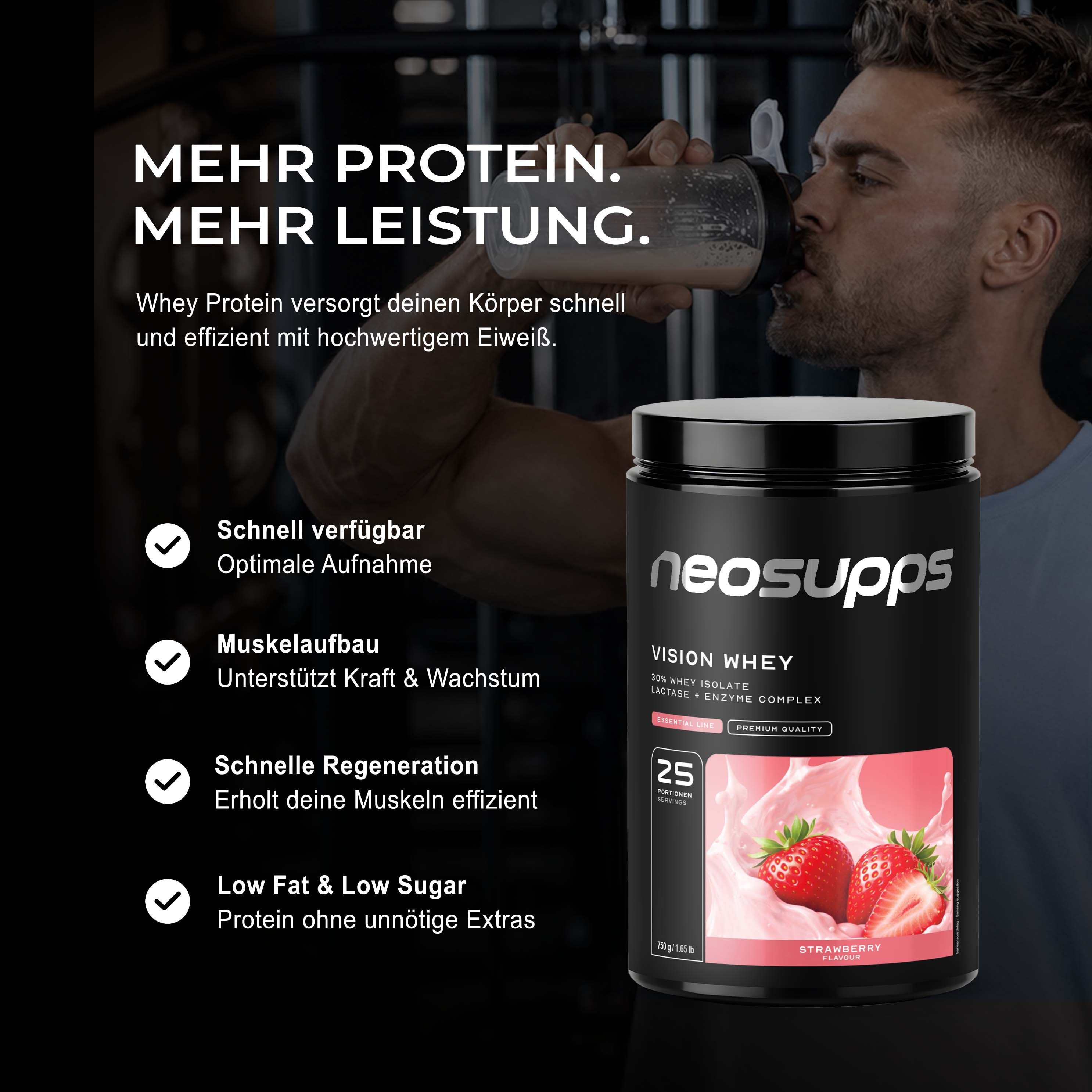 Neosupps Whey Proteinpulver Strawberry, 750g, Proteinpulver