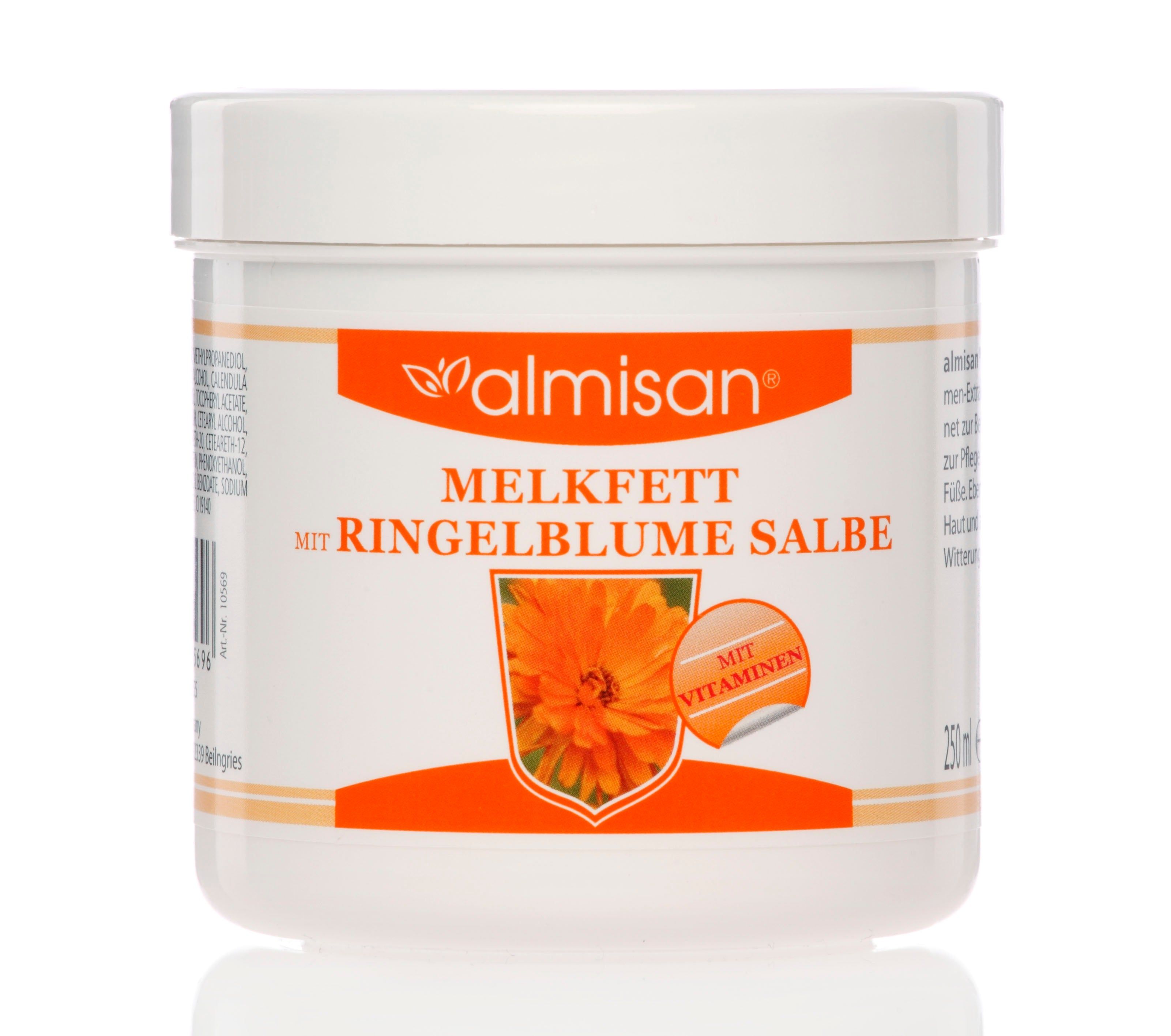 Weißer Tiegel mit orangefarbenem Etikett. Aufschrift: ALMISAN Melkfett mit Ringelblume Salbe. Mit Vitaminen.