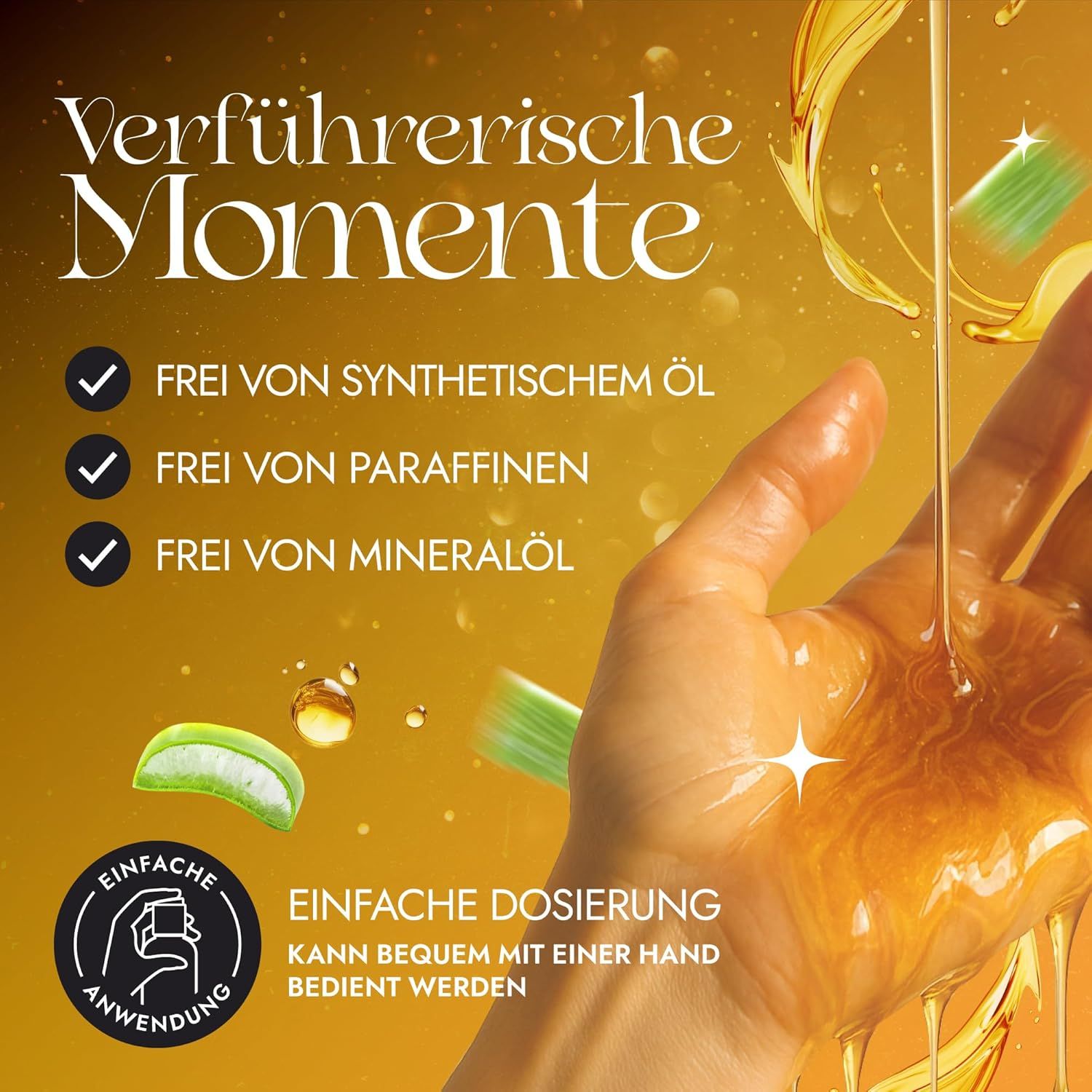 Hand gießt LOOVARA Massageöl aus, frei von synthetischem Öl, Paraffinen und Mineralöl.