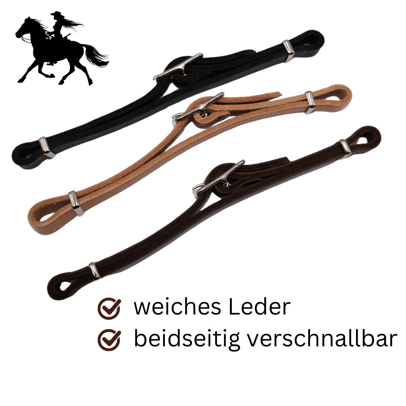Drei AMKA Western Kinnriemen in Schwarz, Beige und Braun. Mit Metallschnallen und Schlaufen. Text: weiches Leder, beidseitig verschnallbar.