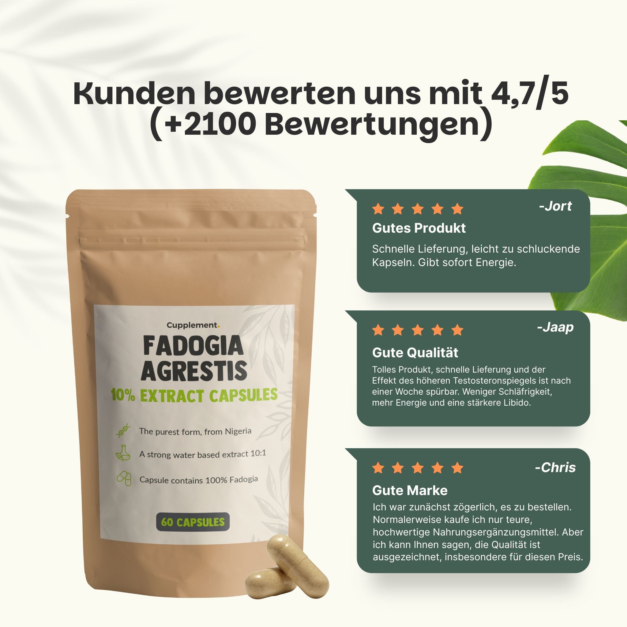 Beutel mit Kapseln. Text: Fadogia Agrestis, 10% Extrakt. 60 Kapseln. Kundenbewertung 4.7/5. Drei Bewertungen.
