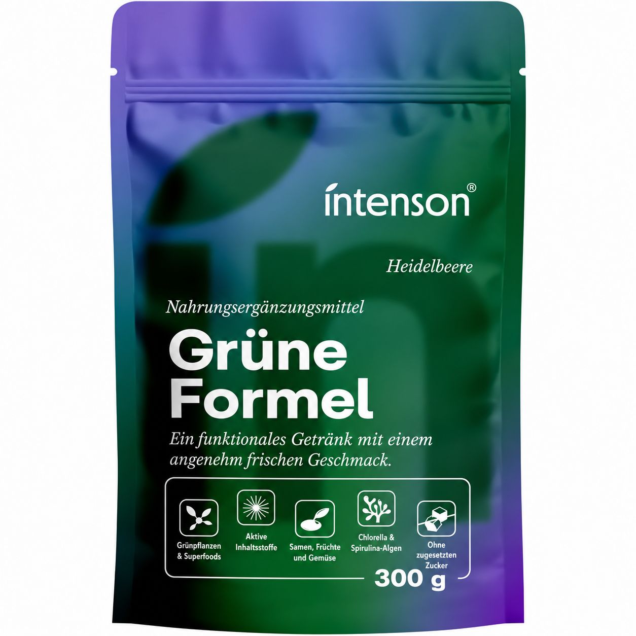 Grüner Smoothie mit Blaubeere, umgeben von Spritzern.