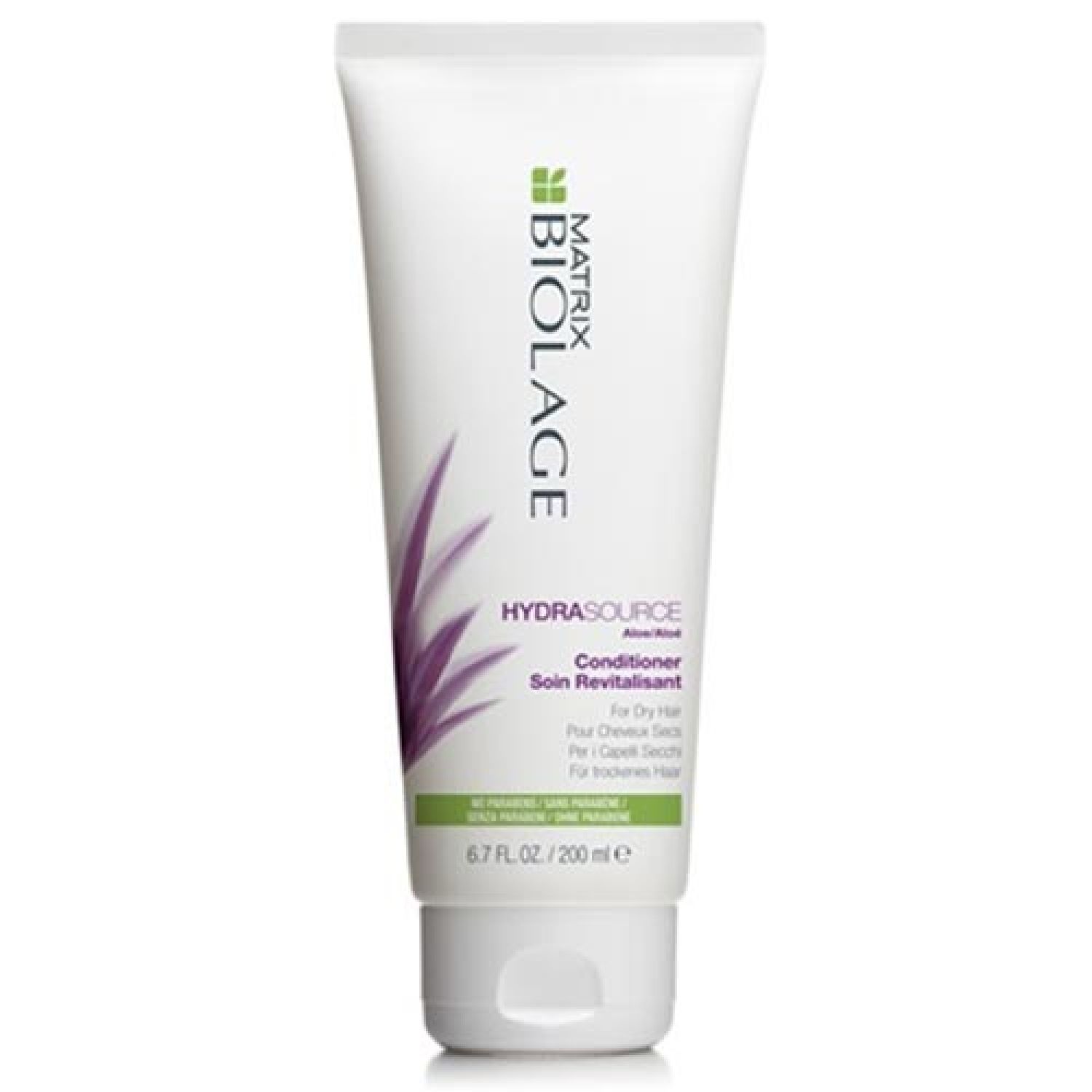 Weiße Tube mit MATRIX BIOLAGE HydraSource Conditioner. Text in Englisch, Französisch, und Deutsch. 6.7 FL. OZ. / 200 ml.