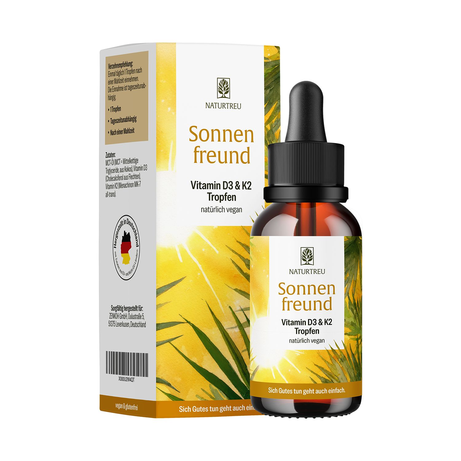 Flasche Sonnenfreund Vitamin D3 & K2 Tropfen, gehalten von einer Frau. Daneben eine Schüssel Suppe. Symbole für Immunsystem, Knochen und Muskeln.