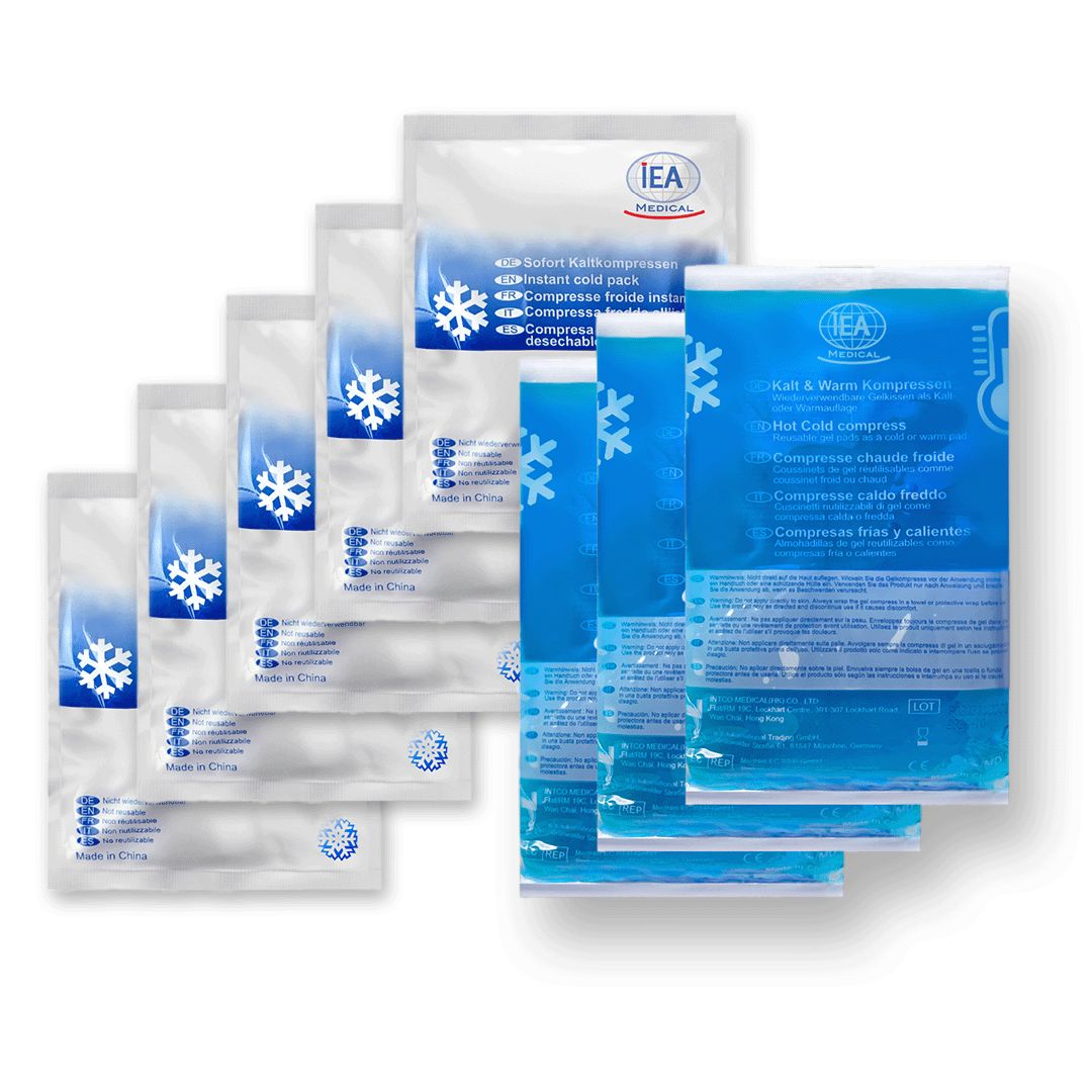IEA Medical Set. Mehrere Kalt-Warm-Kompressen und Sofort-Kalt-Kompressen. Blaue und weiße Verpackung. Schneeflocken-Design.