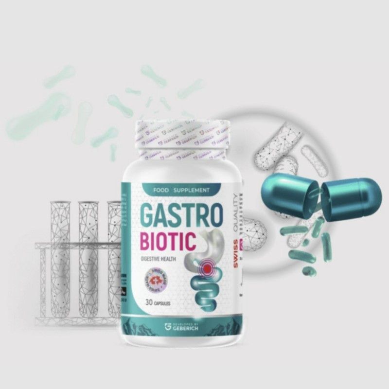 Flasche mit GastroBiotic-Kapseln, geöffnet. Illustration von Bakterien und Teströhrchen im Hintergrund.