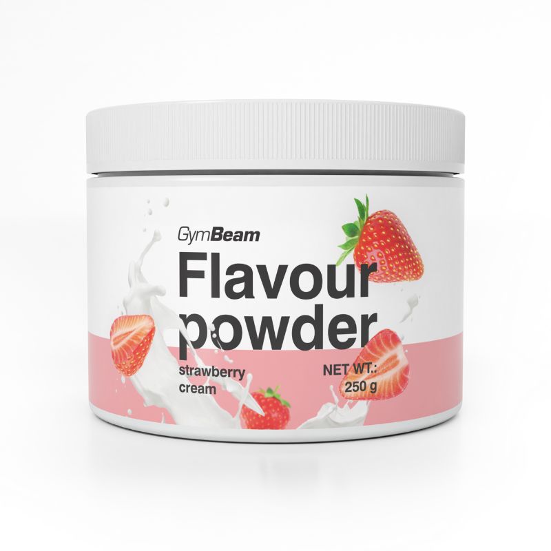GymBeam Flavour Powder Erdbeer-Sahne Geschmackspulver in einem weißen Behälter mit Erdbeeren und Spritzern.