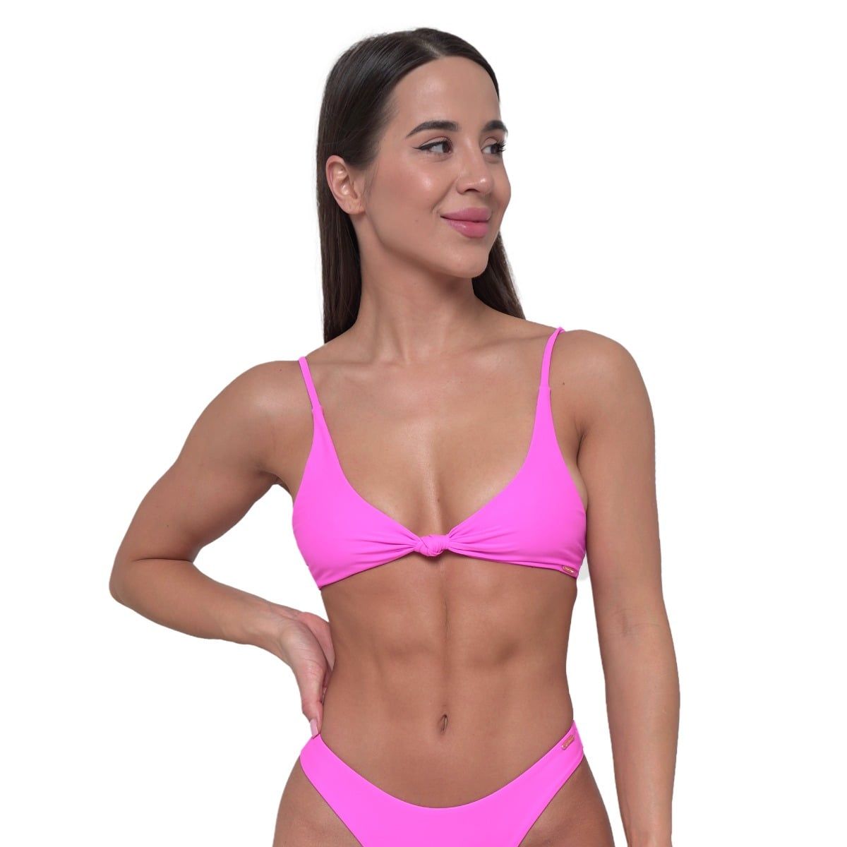 Pinkes Bikini-Oberteil mit Knoten vorne und schmalen Trägern.
