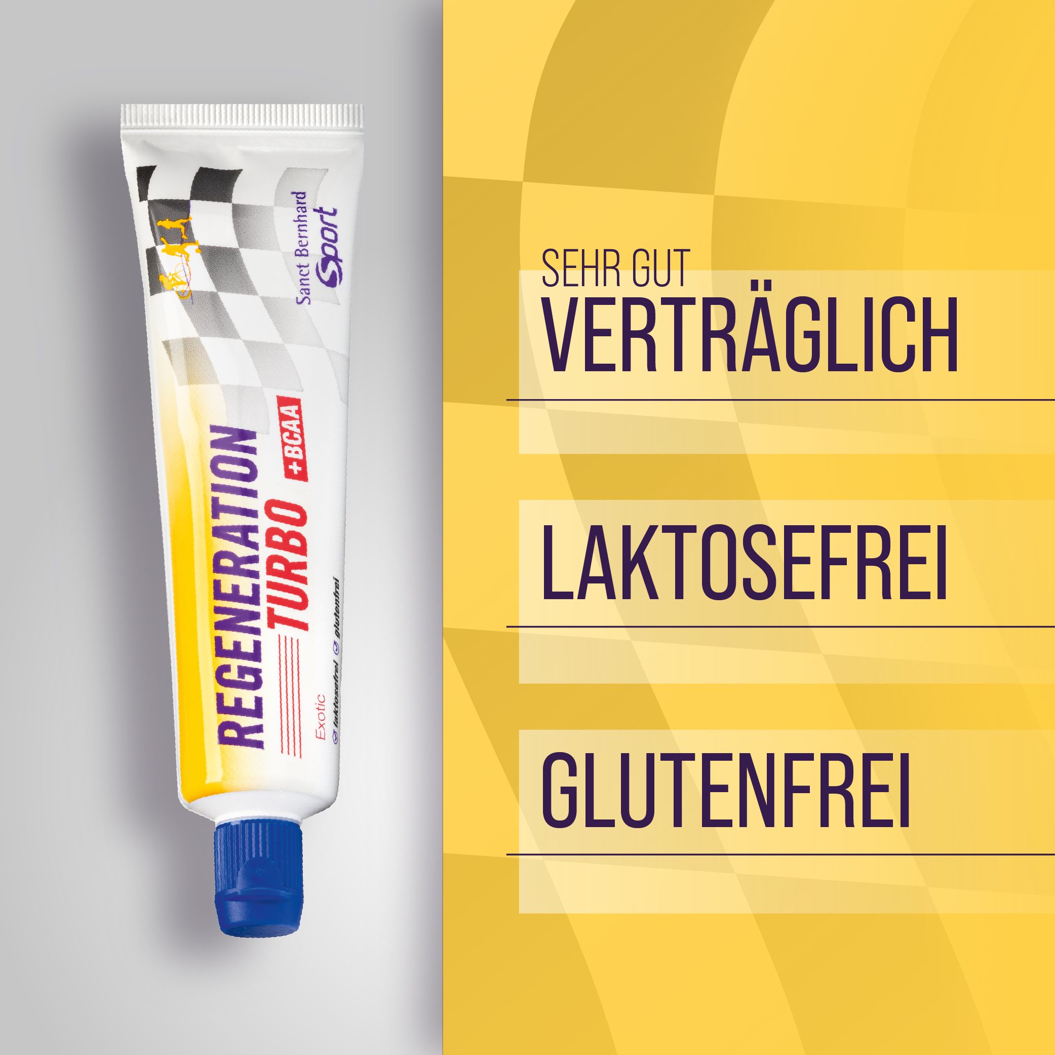 Tube mit weißem, gelbem und blauem Design. Text: Regeneration Turbo +BCAA. Sehr gut verträglich. Laktosefrei. Glutenfrei.