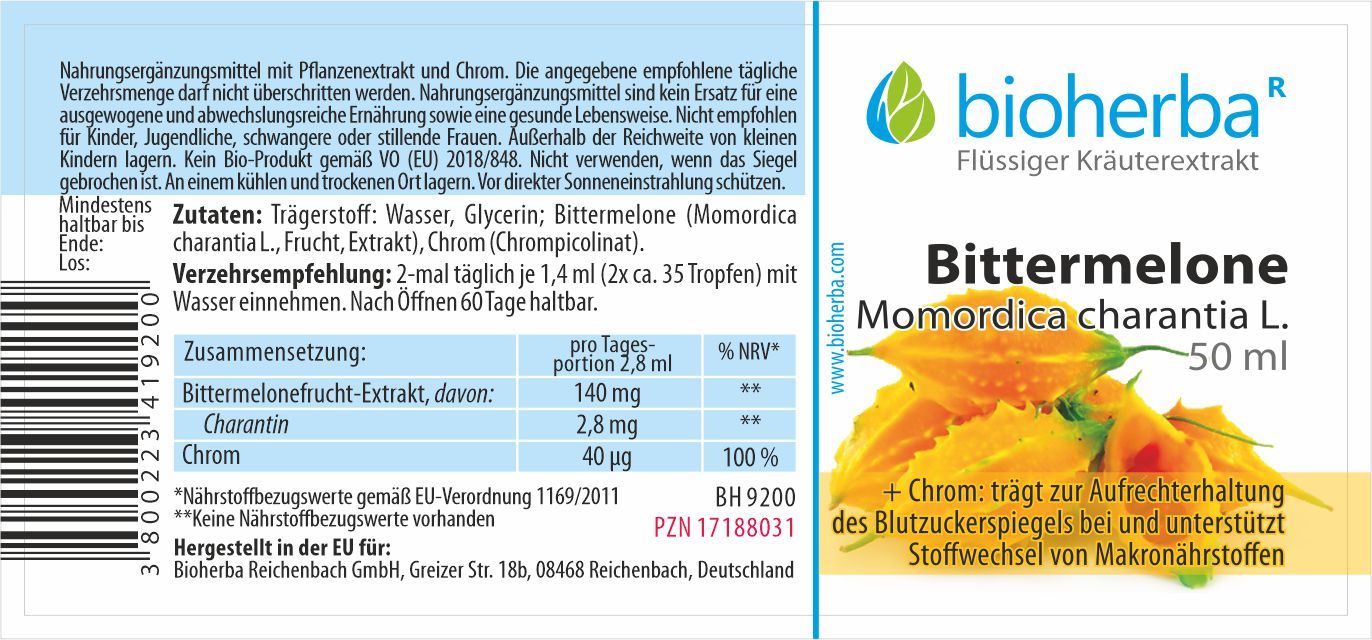 Etikett mit Produktinformationen. Bittermelonen-Extrakt, Inhaltsstoffe, Nährwertangaben, Bioherba-Logo, 50 ml.