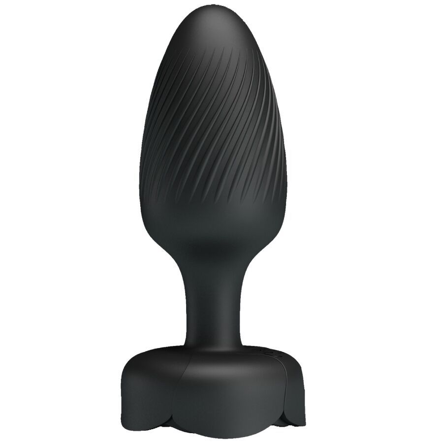 Schwarzer Analplug mit konischem Schaft und gerillter Oberfläche. Blütenförmiger Sockel.