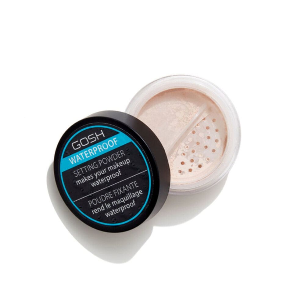 Behälter mit schwarzem Deckel, geöffnet. Aufschrift: GOSH WATERPROOF SETTING POWDER. Puder mit Löchern. Deckel daneben.