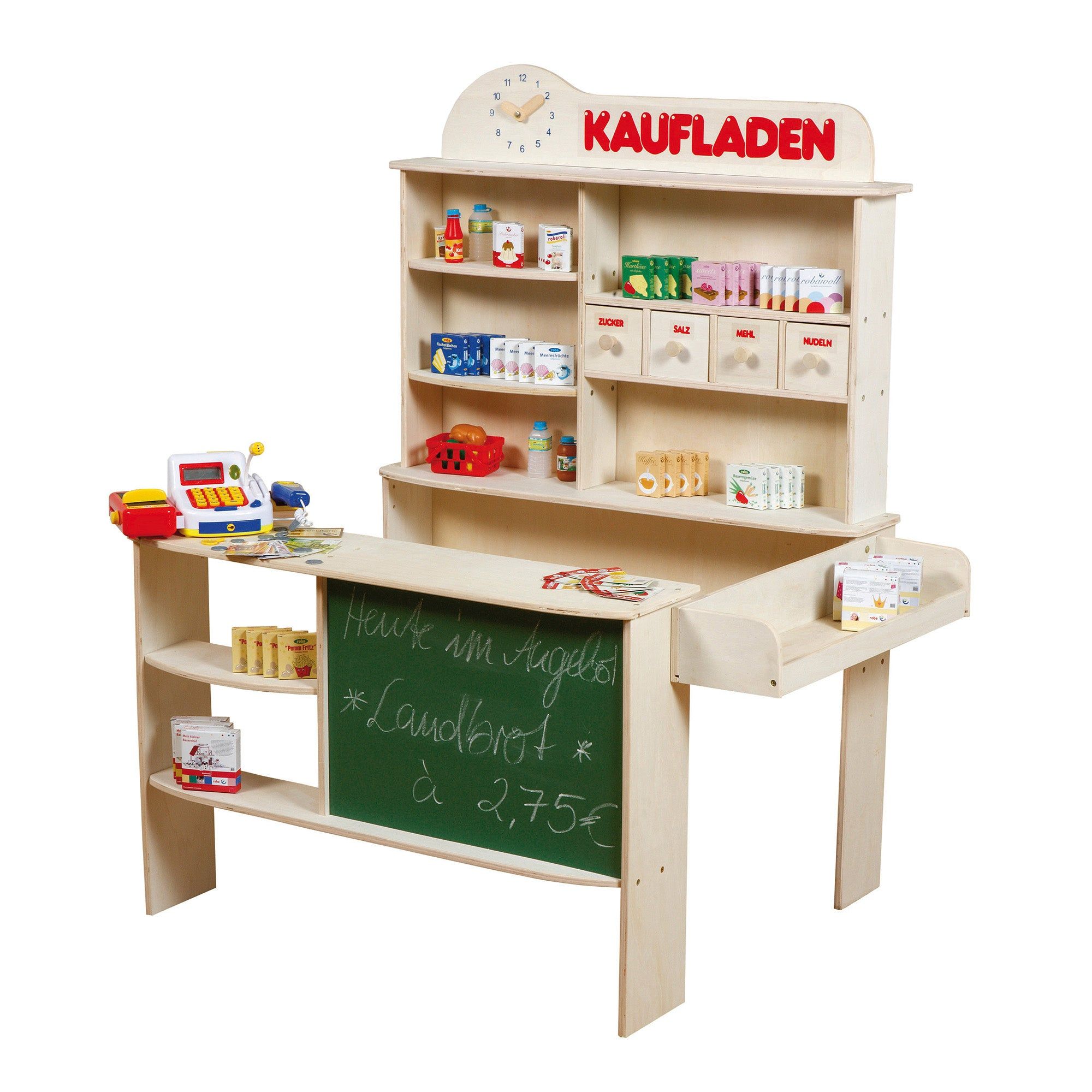 Holz-Verkaufsstand mit Regalen, Tafel und Uhr. Beschriftung: "KAUFLADEN". Enthält Spielzeug-Lebensmittel.