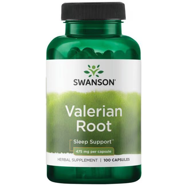 Grüne Flasche mit Kapseln. Weißes Etikett mit "SWANSON", "Valerian Root", "Sleep Support" und "475 mg per capsule".