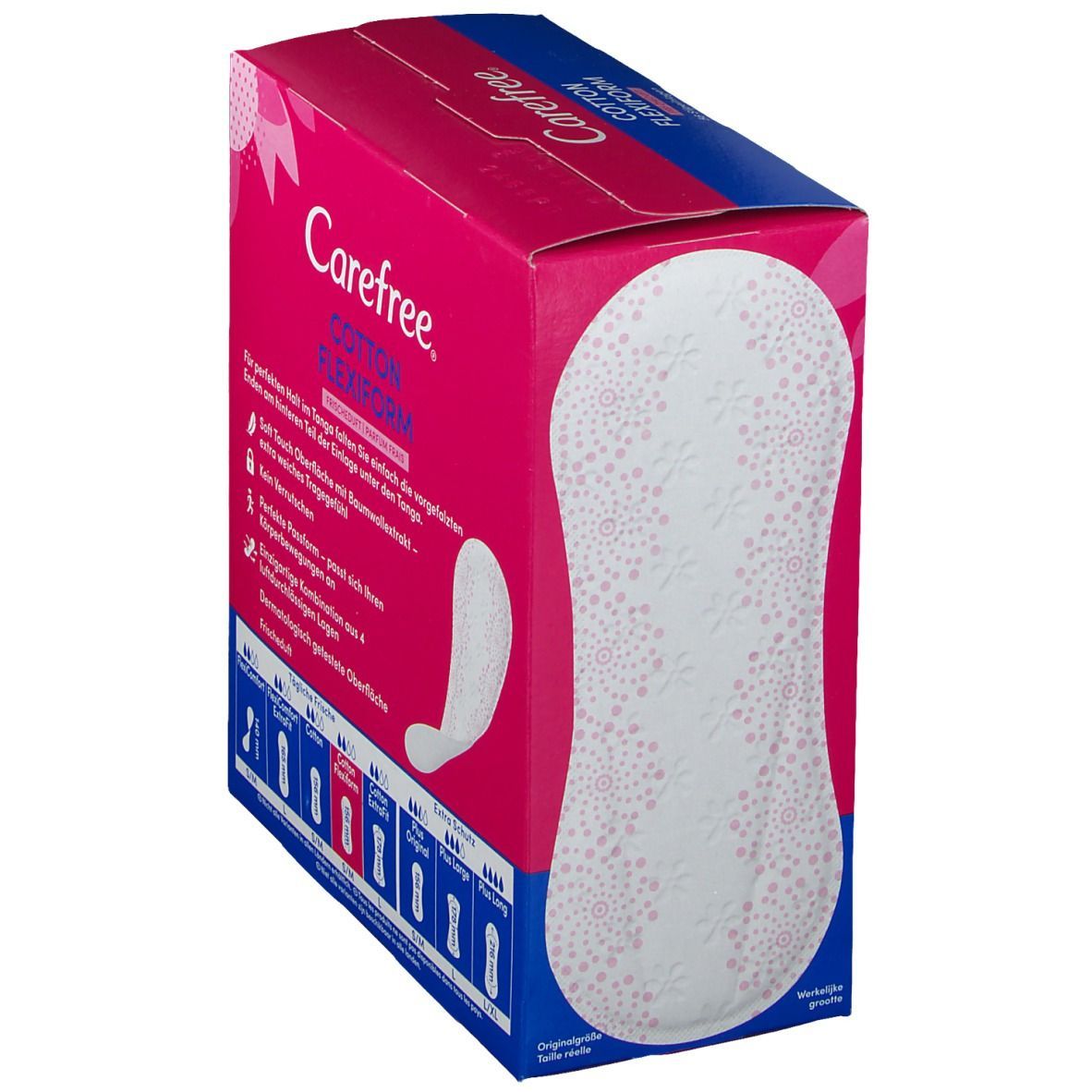 Carefree Cotton Flexiform Packung. Rosa-blaue Verpackung mit Produkt und 56 Slipeinlagen. Produktbeispiel auf der Verpackung.