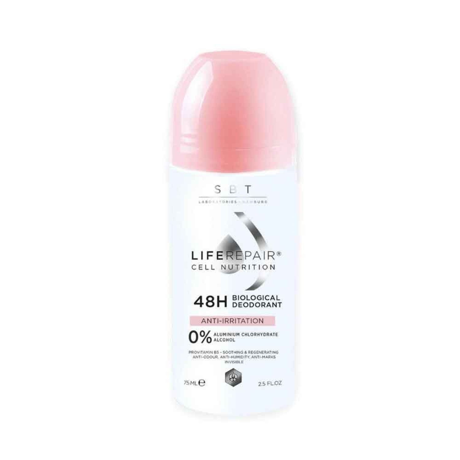 Roll-on-Deodorant mit rosa Kappe. Text: SBT, Life Repair Cell Nutrition, 48H Biological Deodorant, Anti-Irritation, 0% Alkohol.