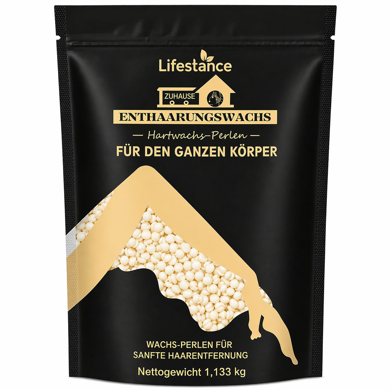 Schwarze Verpackung mit Wachsperlen. Text: Lifestance, Enthaarungswachs, für den ganzen Körper, 1,133 kg.