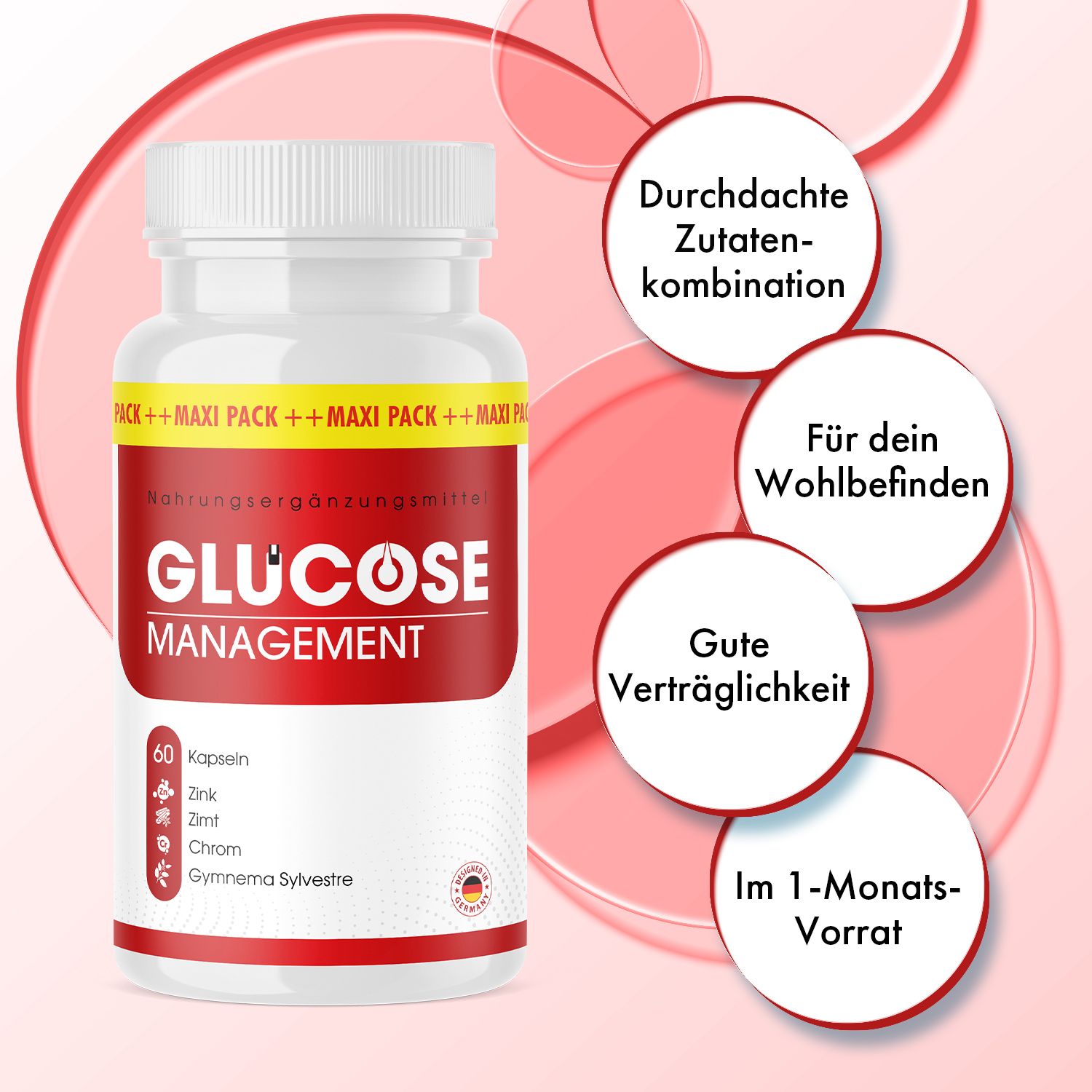 Weiße Flasche mit rotem Etikett. Aufschrift: GLUCOSE MANAGEMENT. 60 Kapseln. Kreisförmige Infografiken.