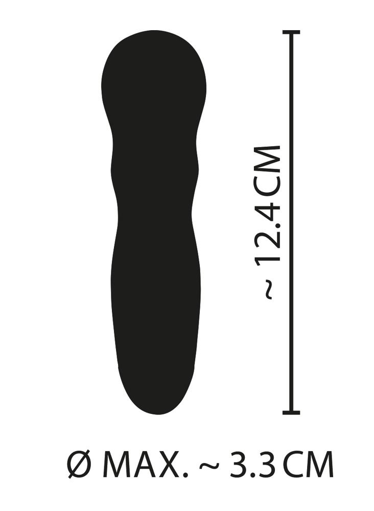 Abmessungen eines rosa Mini-Vibrators: Länge ca. 12,4 cm, maximaler Durchmesser ca. 3,3 cm.