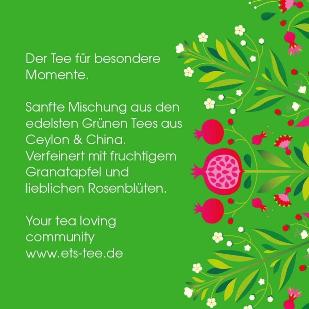 Grüner Hintergrund mit Text. Text über Tee, Granatapfel und Rosenblüten. Website-Adresse.