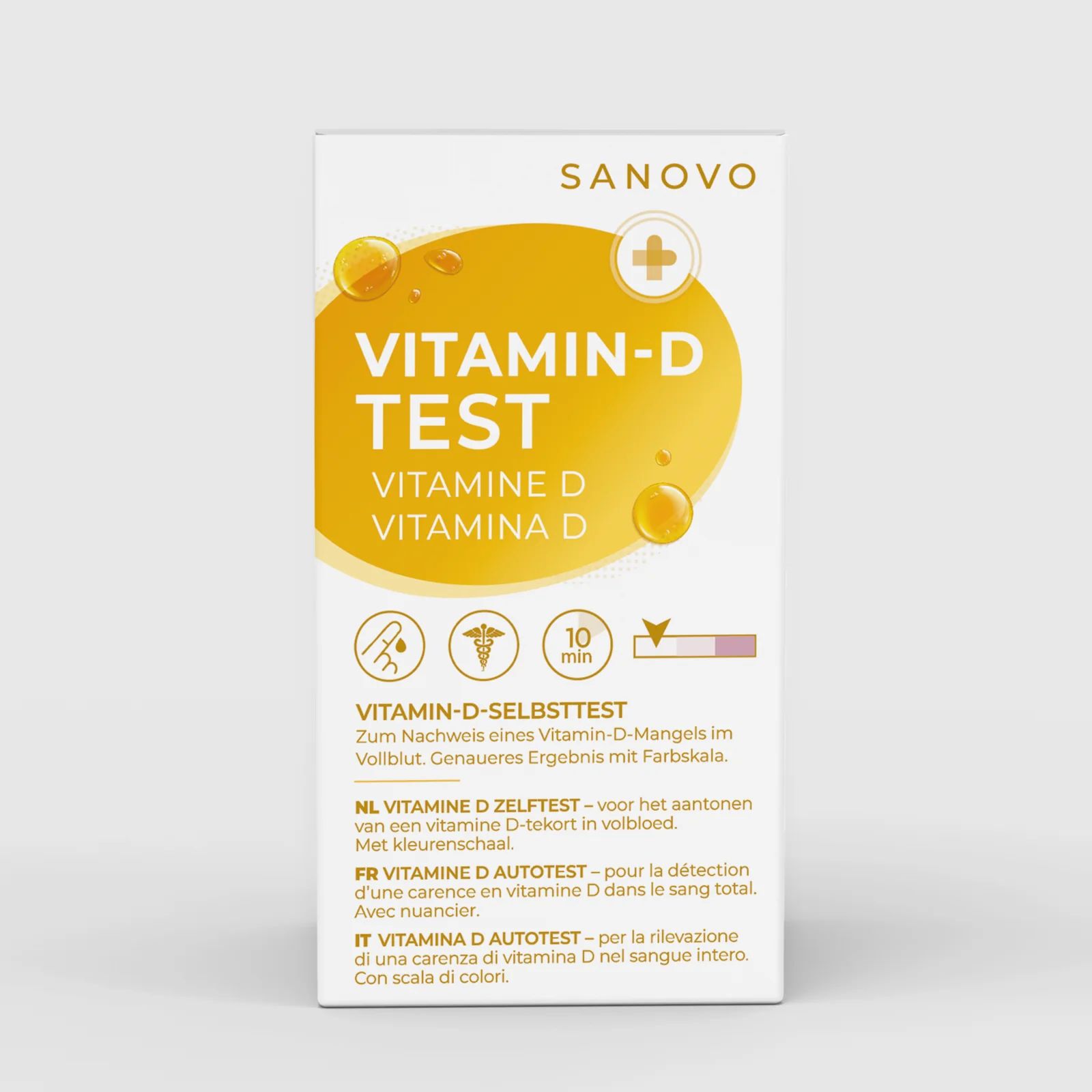 Vitamin-D-Testkit-Verpackung mit Vorteilen: einfache Handhabung, hohe Zuverlässigkeit (>98%), schnelles Ergebnis (10 Min).