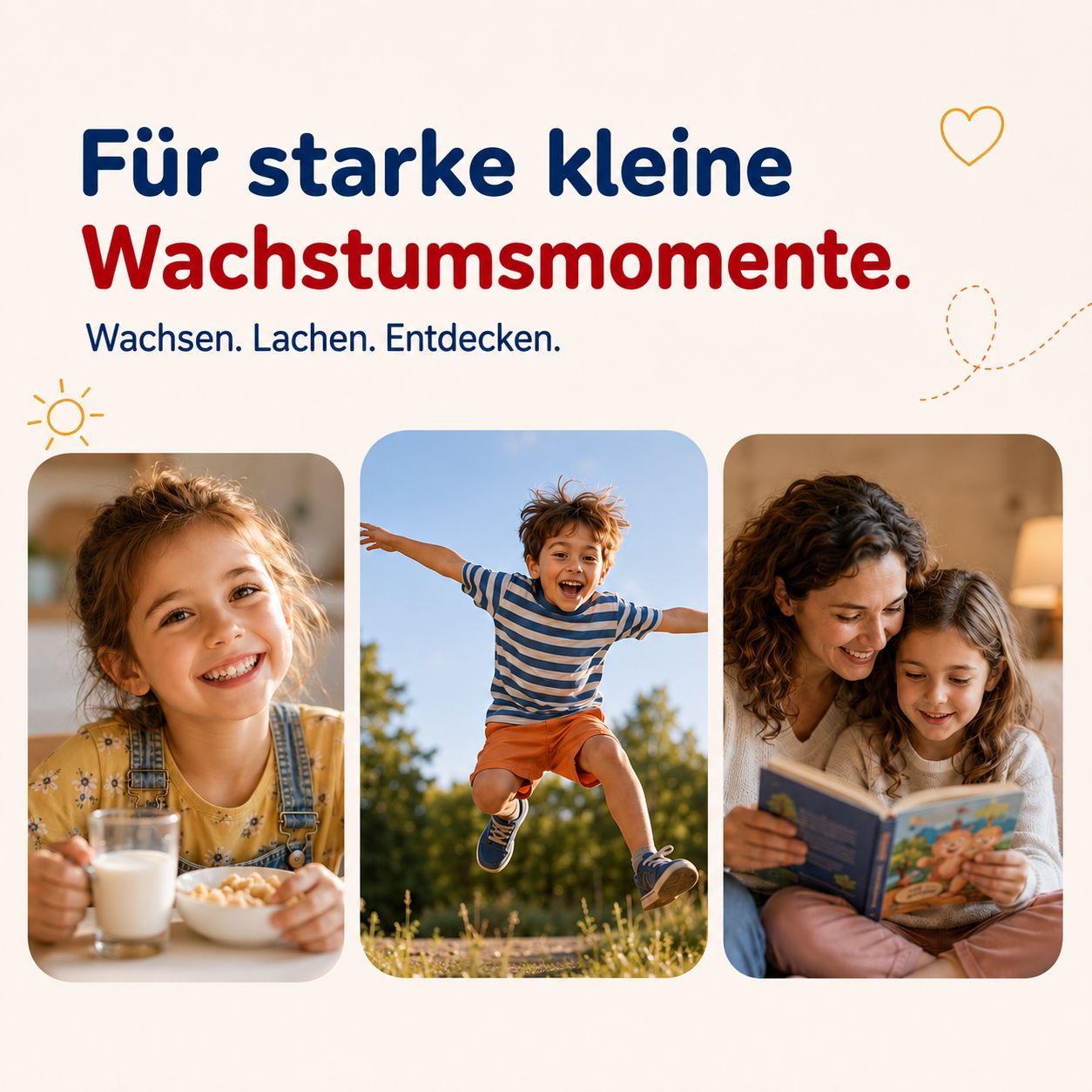 Drei Kinder: Mädchen trinkt Milch, Junge springt, Mutter liest Tochter vor. Wachstumsmomente.