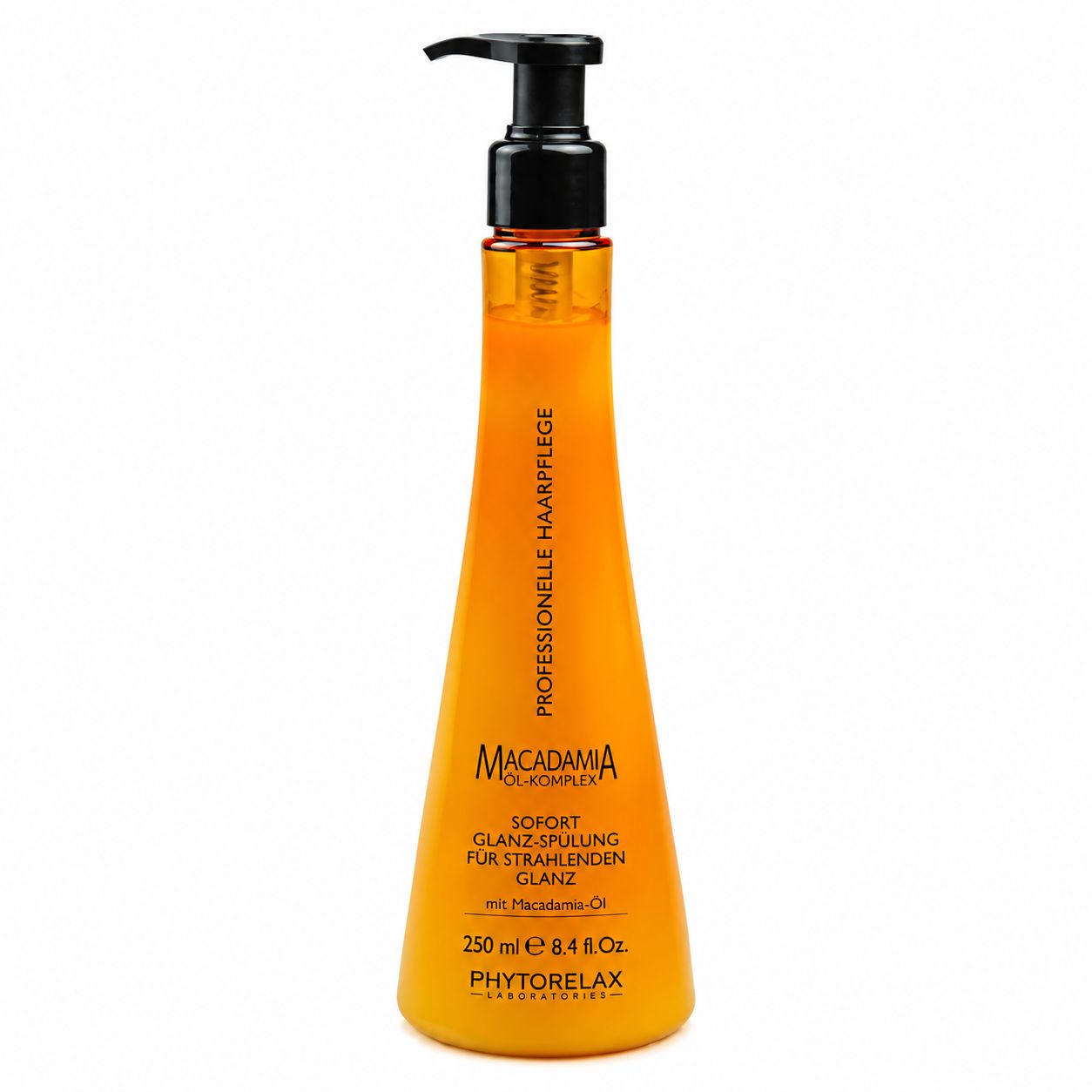 Orangefarbene Flasche mit Pumpspender, beschriftet mit 'MACADAMIA OL-KOMPLEX'.