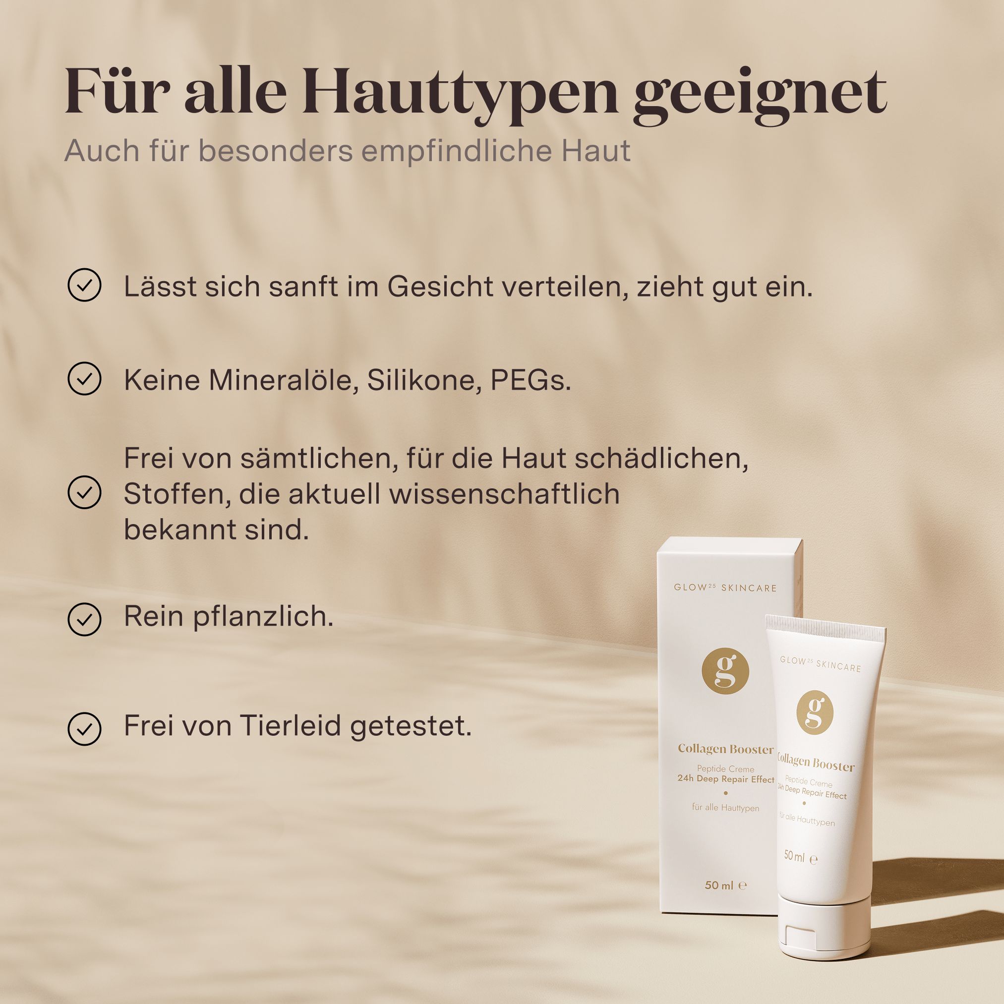 Text: Für alle Hauttypen geeignet. Produkt und Verpackung im Hintergrund.