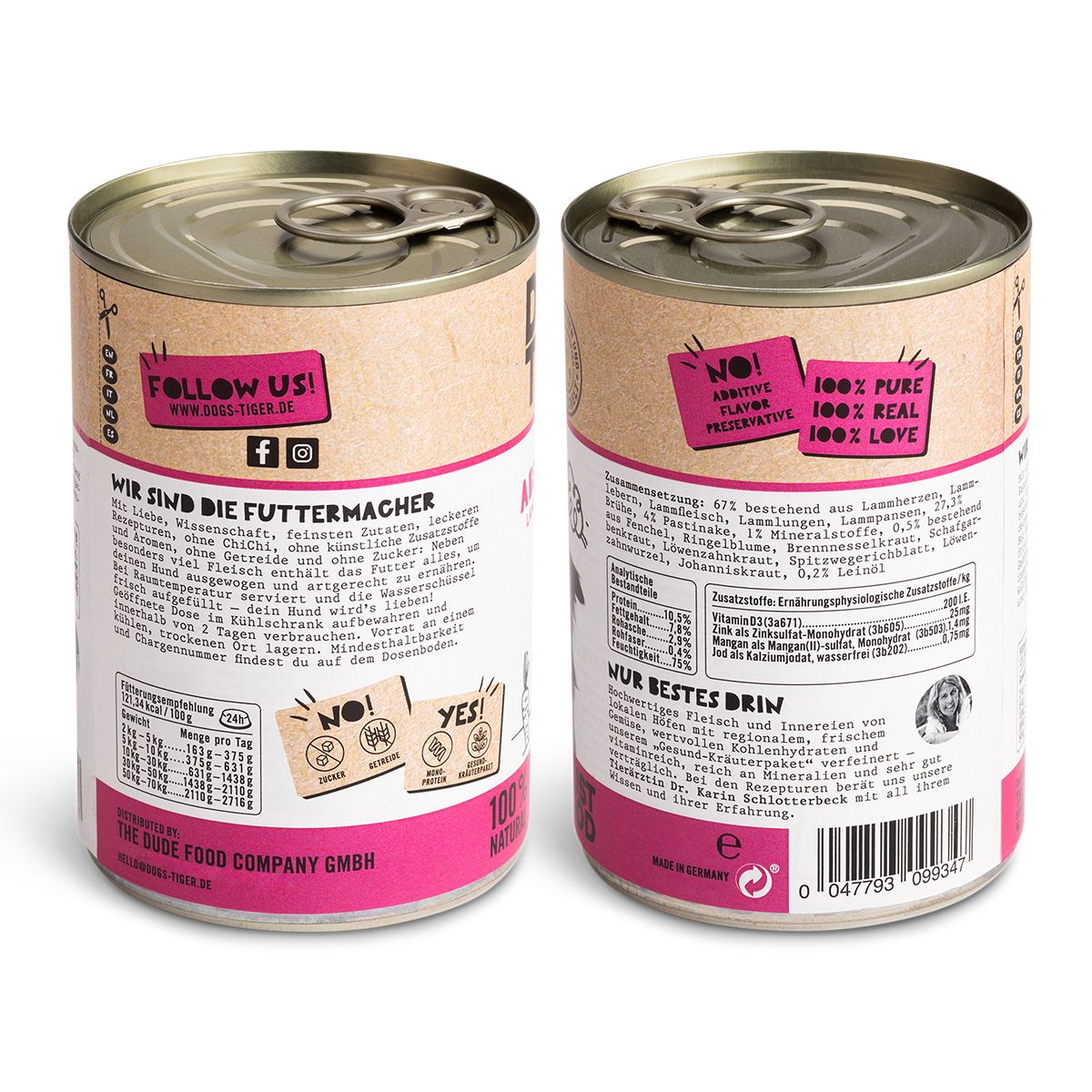 Zwei Dosen Hundefutter. Aufschrift "Dogs'n Tiger". Rückseite mit Text und Nährwertangaben. Pinker Streifen.