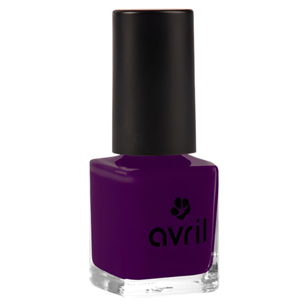 Nagellackflasche, violett. Schwarzer Deckel, transparente Glasflasche. Marke: Avril.