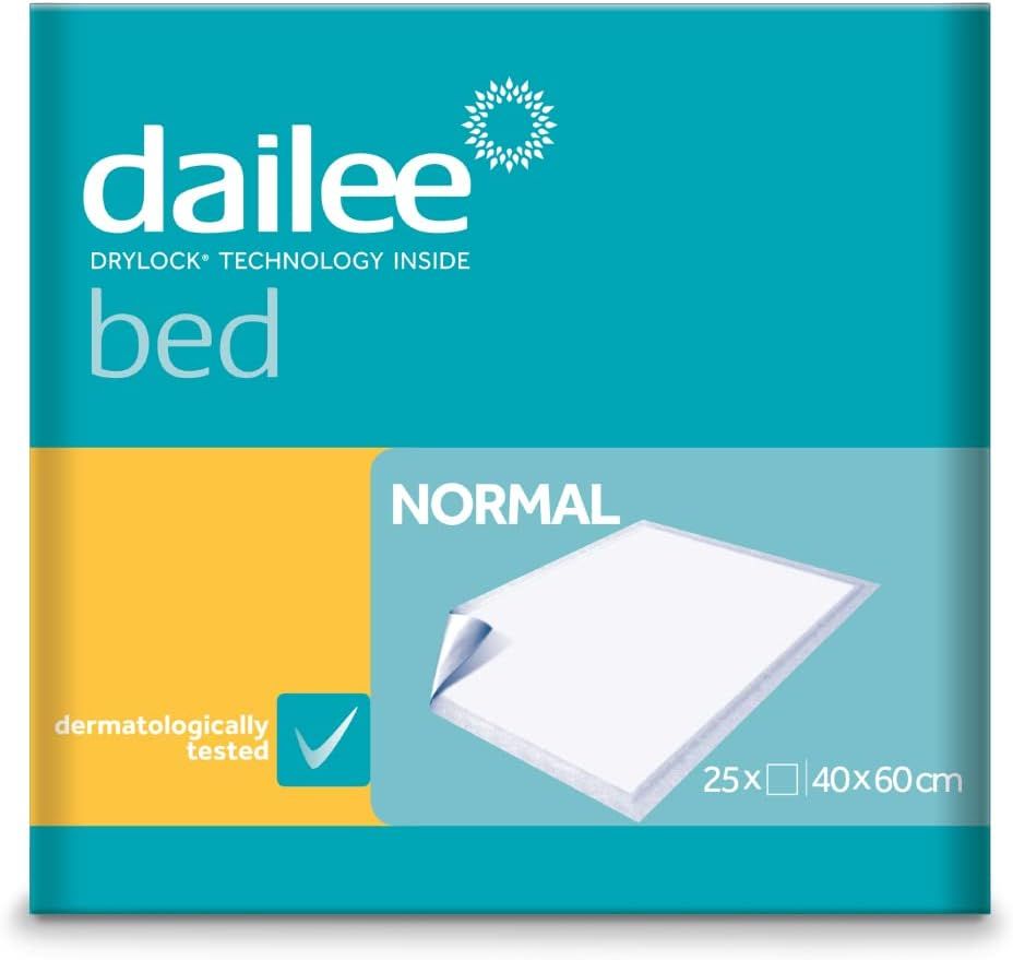 Dailee Bed-Einwegunterlagen, Packung mit 25 Stück. Größe 40x60 cm. Mit „Dermatologisch getestet“-Siegel.