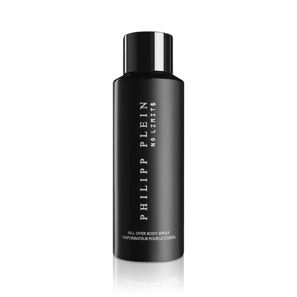 Schwarze Flasche. Aufschrift: PHILIPP PLEIN NO LIMITS. All Over Body Spray. Schwarzer Deckel.