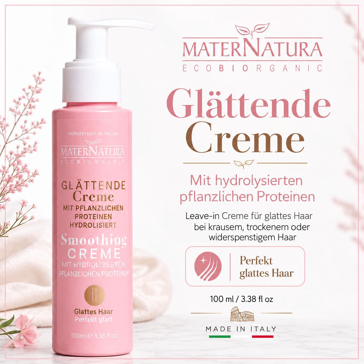 Rosa Flasche mit Pumpe, Maternatura Glättende Creme mit pflanzlichen Proteinen, 100 ml.