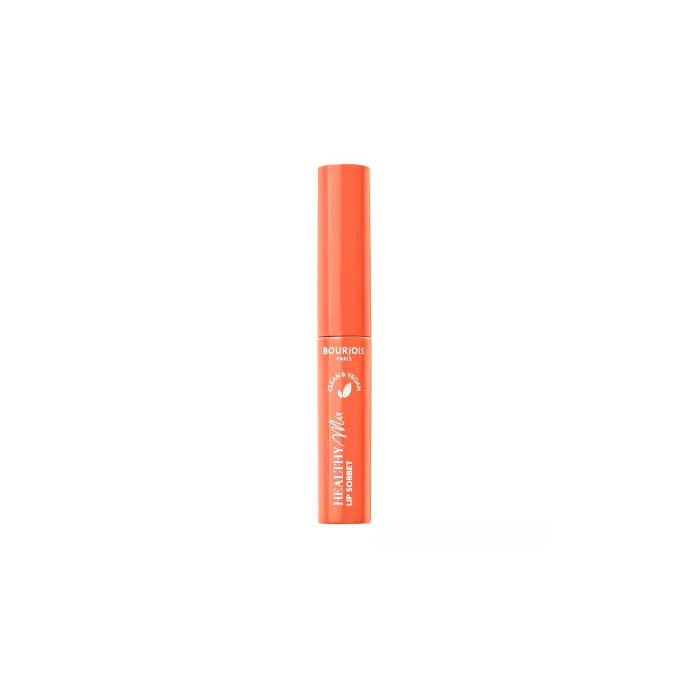 Bourjois Healthy Mix Lip Sorbet, orangefarbener Stift. Text: Healthy Mix, Lip Sorbet. Vegan-Logo.