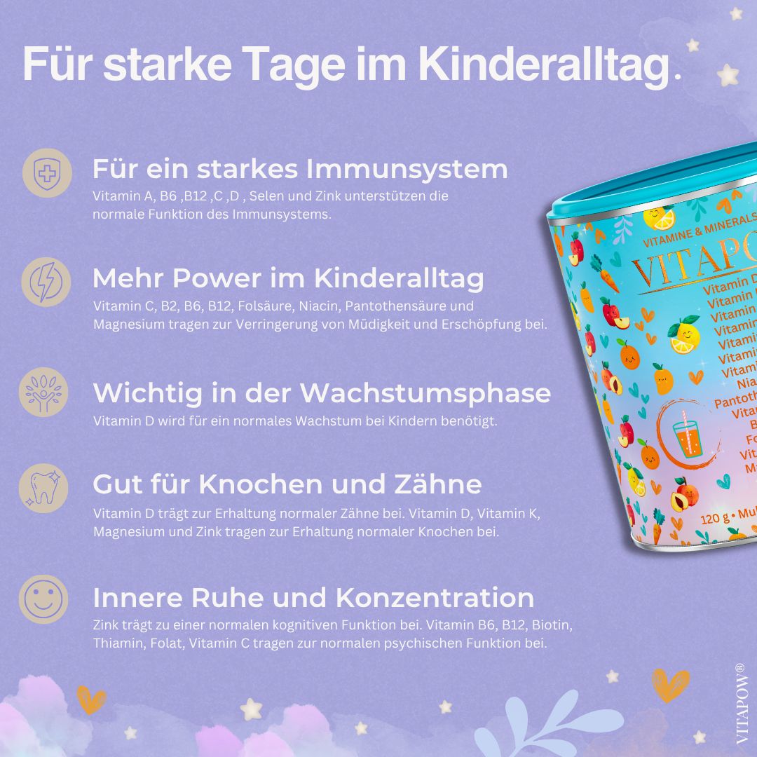 Produktverpackung mit Text: Für ein starkes Immunsystem, Mehr Power im Kinderalltag, Wichtig in der Wachstumsphase, Gut für Knochen und Zähne, Innere Ruhe und Konzentration.