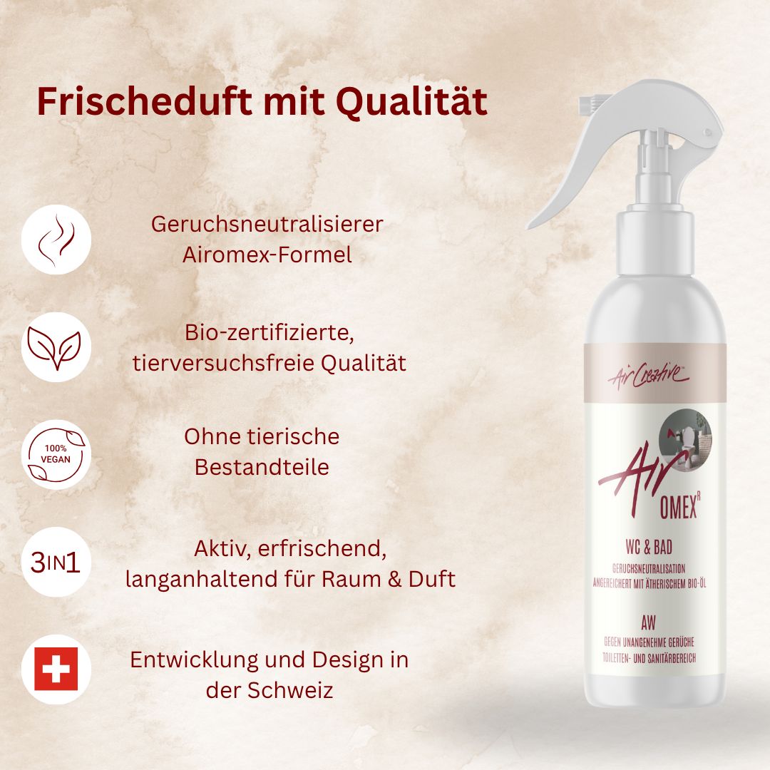Weiße Airomex® AW WC & Bad Sprühflasche. Text: Frischeduft mit Qualität. Symbole: vegan, 3in1, Schweiz.