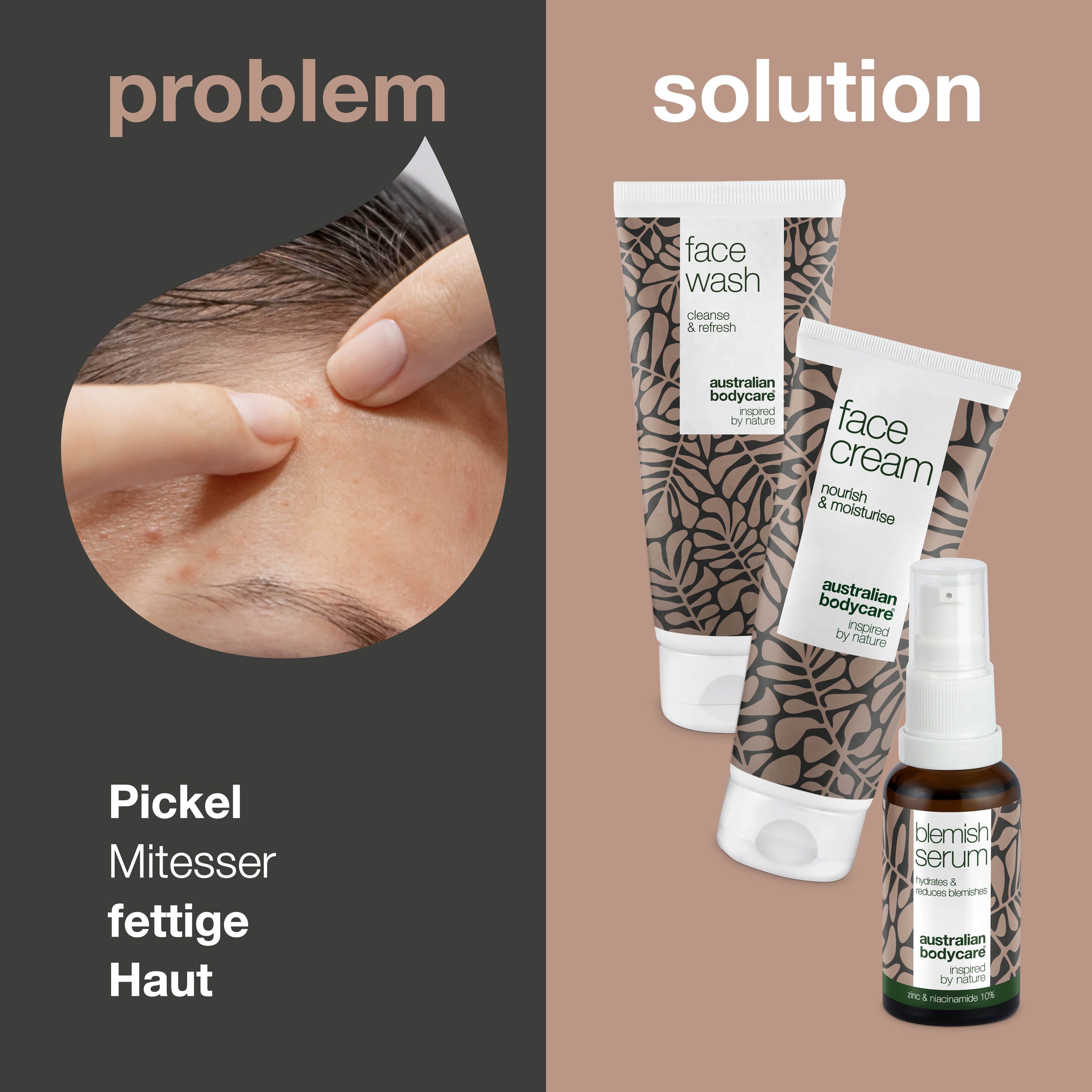 Grafik mit Problem und Lösung. Links: Pickel. Rechts: Produkte: Gesichtswäsche, Creme, Serum.