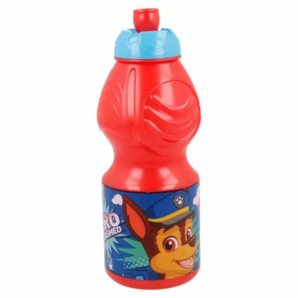 Rote Trinkflasche mit blauem Deckel. Motiv: Paw Patrol Chase. Aufschrift: HERO WASHED. Kunststoff. Sportflasche.