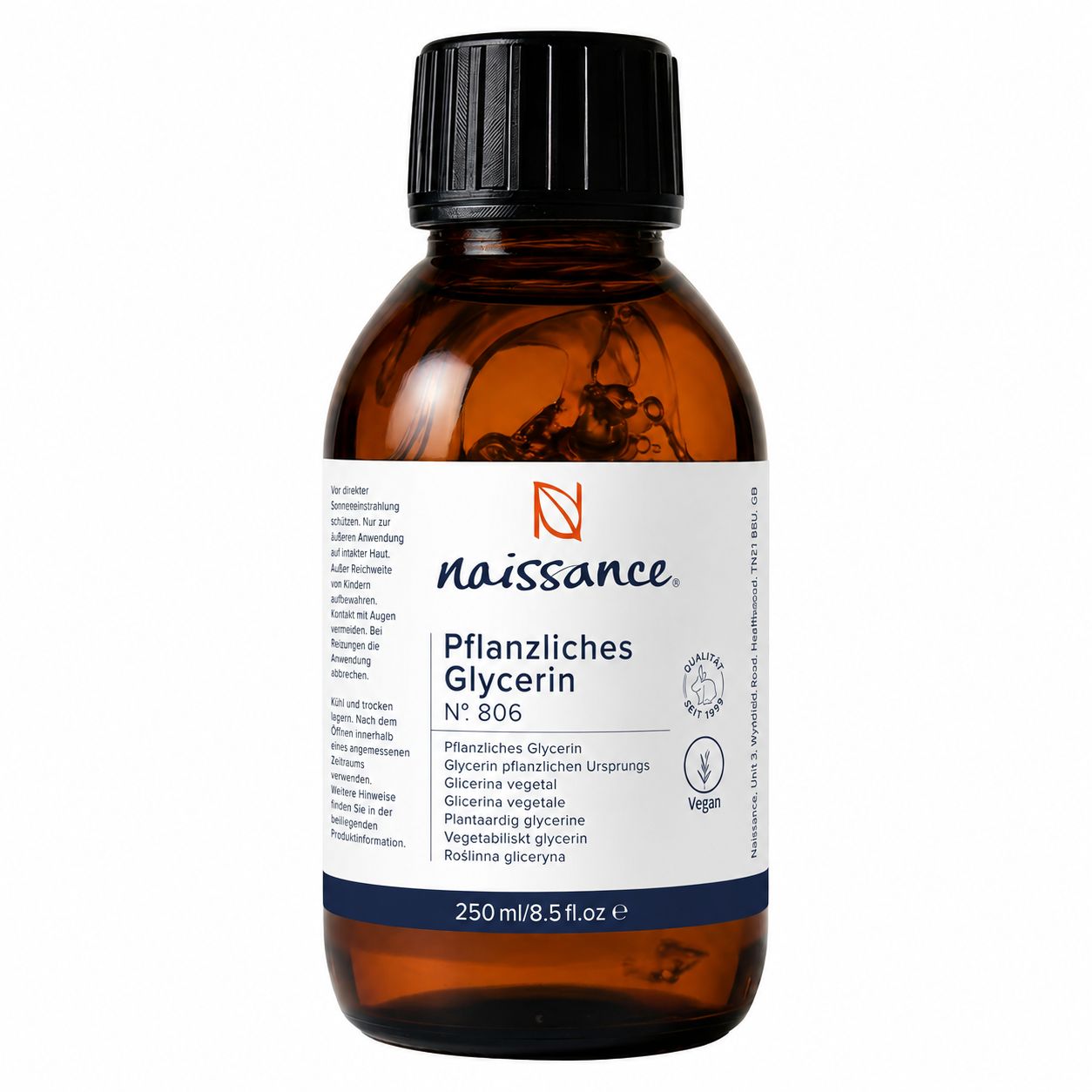 Braune Glasflasche mit schwarzem Sprühkopf, gefüllt mit pflanzlichem Glycerin von Naissance.