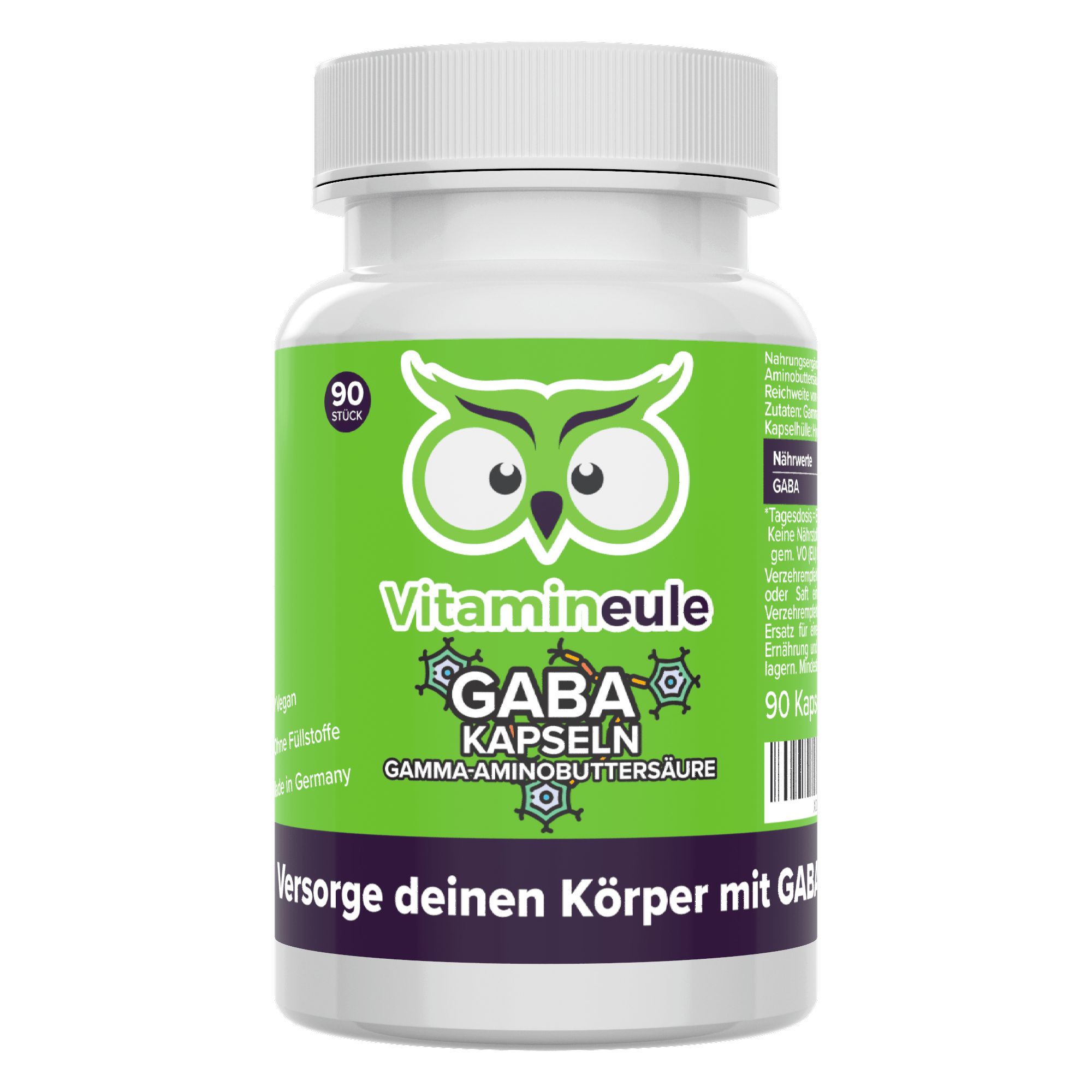 Weiße Flasche mit grüner Aufschrift: Vitamineule GABA Kapseln. 90 Stück. Text: Gamma-Aminobuttersäure. Versorge deinen Körper mit GABA!