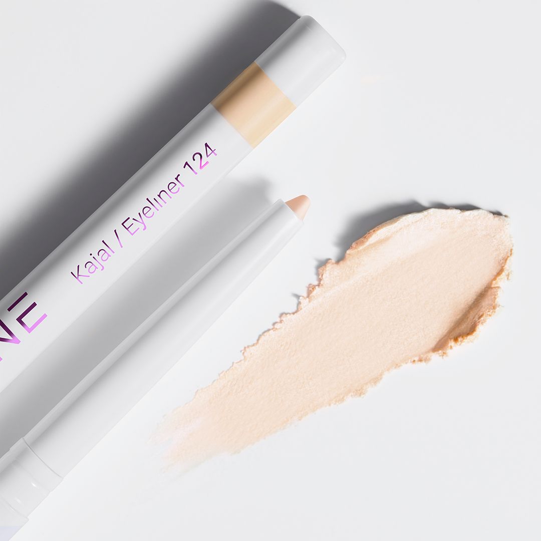 Kajal-Eyeliner von Cosline, Farbton 124. Strichprobe und Stift auf weißem Hintergrund.