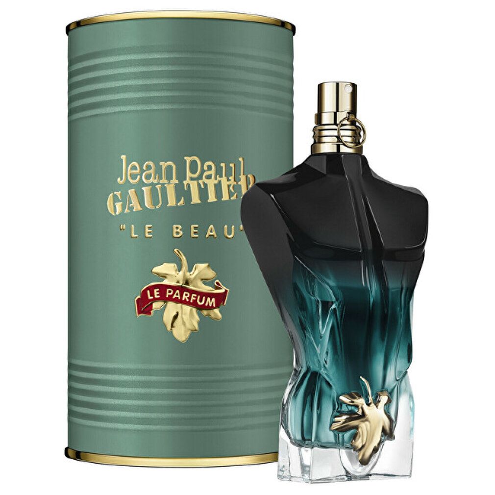 Grün-blauer Flakon in Torsoform und Dose. Aufschrift: Jean Paul Gaultier, Le Beau, Le Parfum.