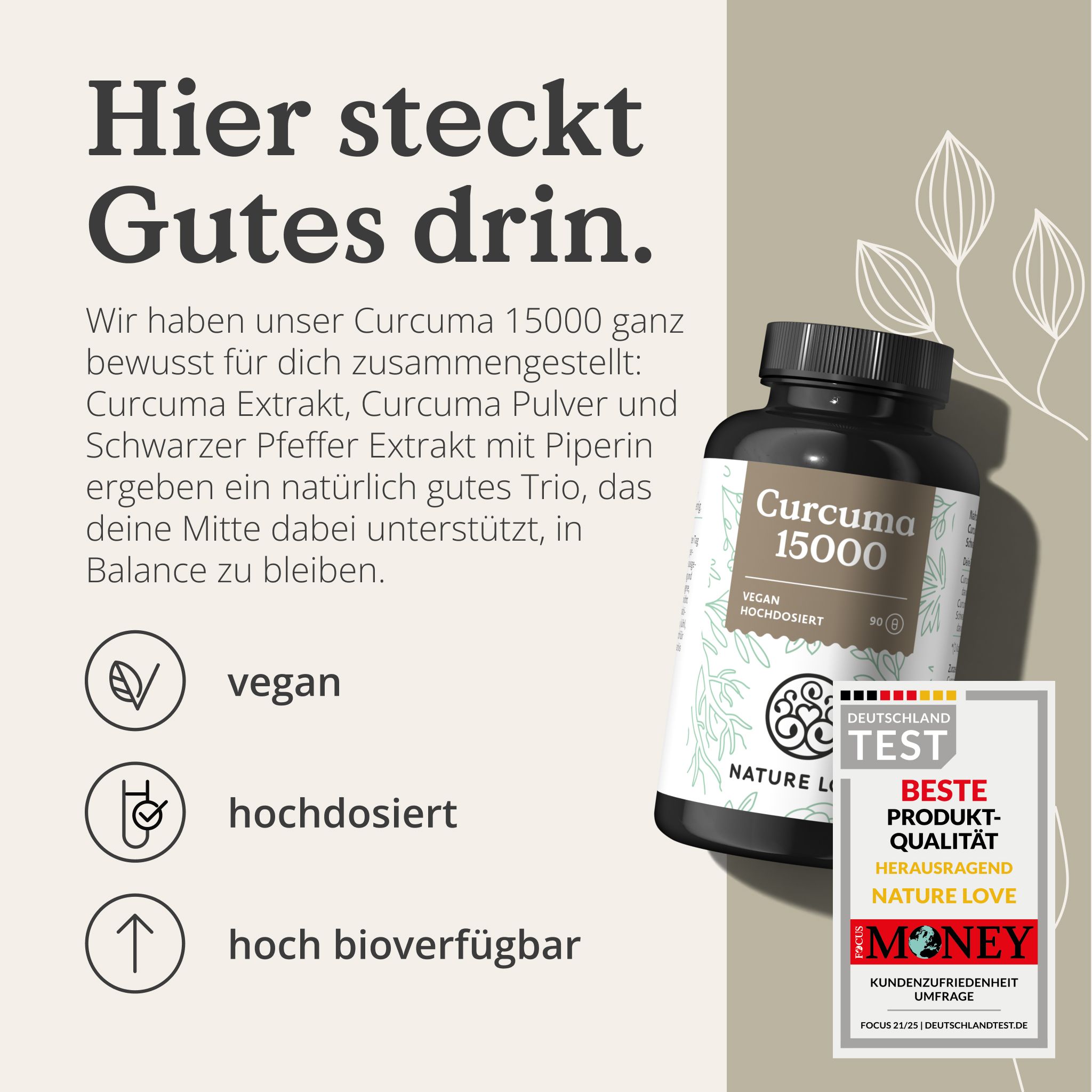 Produktflasche mit Text: "Curcuma 15000", "Vegan", "Hochdosiert". Logo "NATURE LOVE®". Text: "Beste Produkt-Qualität".