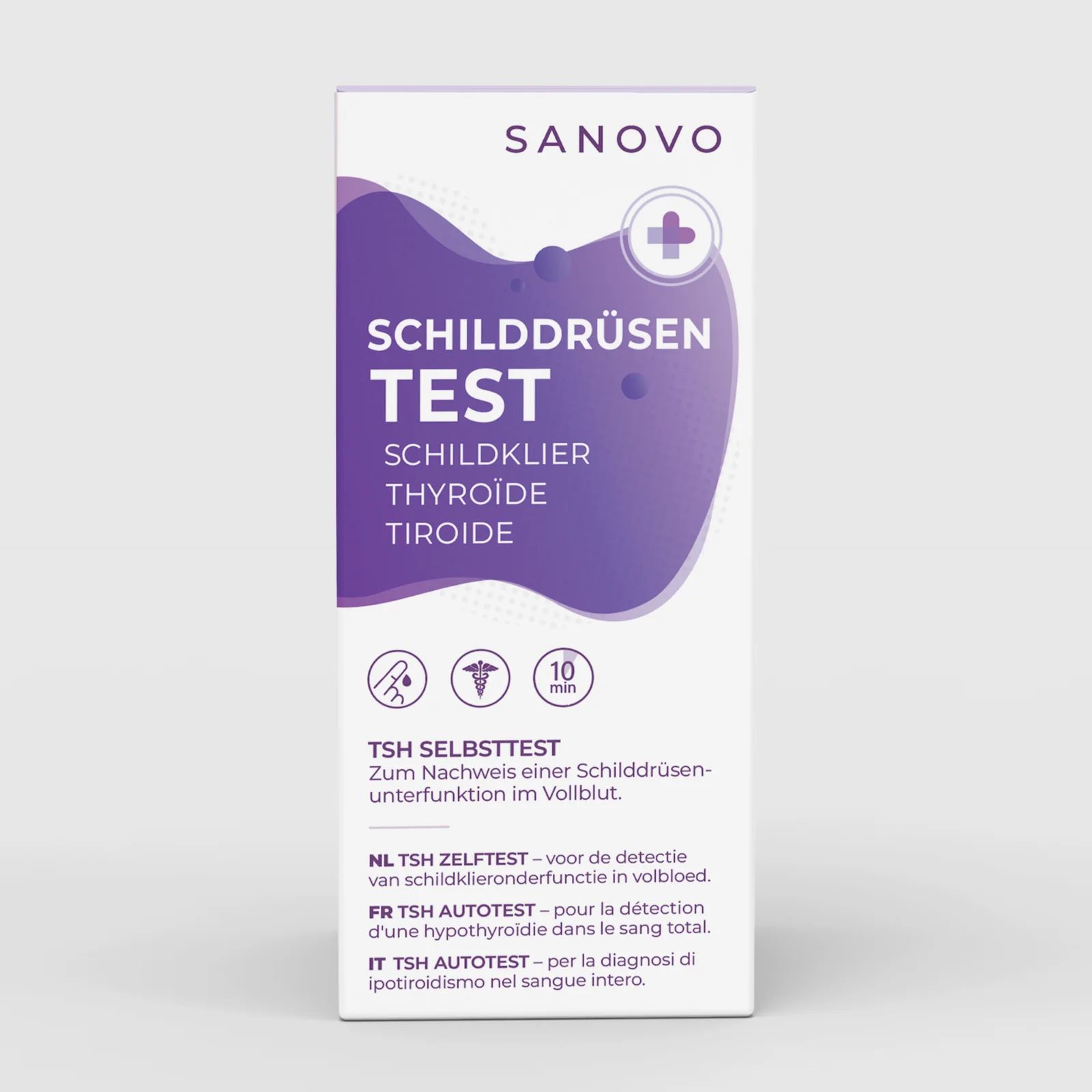 Schilddrüsen-Testkit-Verpackung mit Produktinformationen und Anwendungshinweisen.