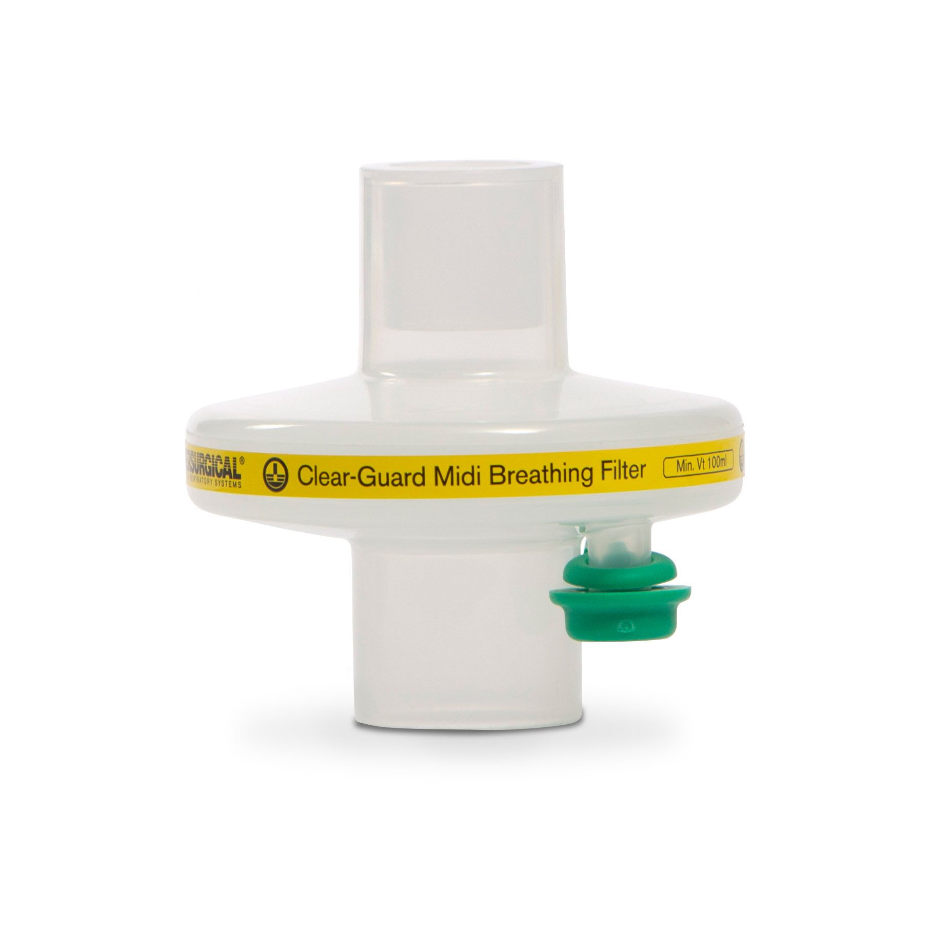 Medizinischer Atemfilter. Weißes Gehäuse mit gelbem Band, grüner Luer-Port. Aufschrift: Clear-Guard Midi Breathing Filter.