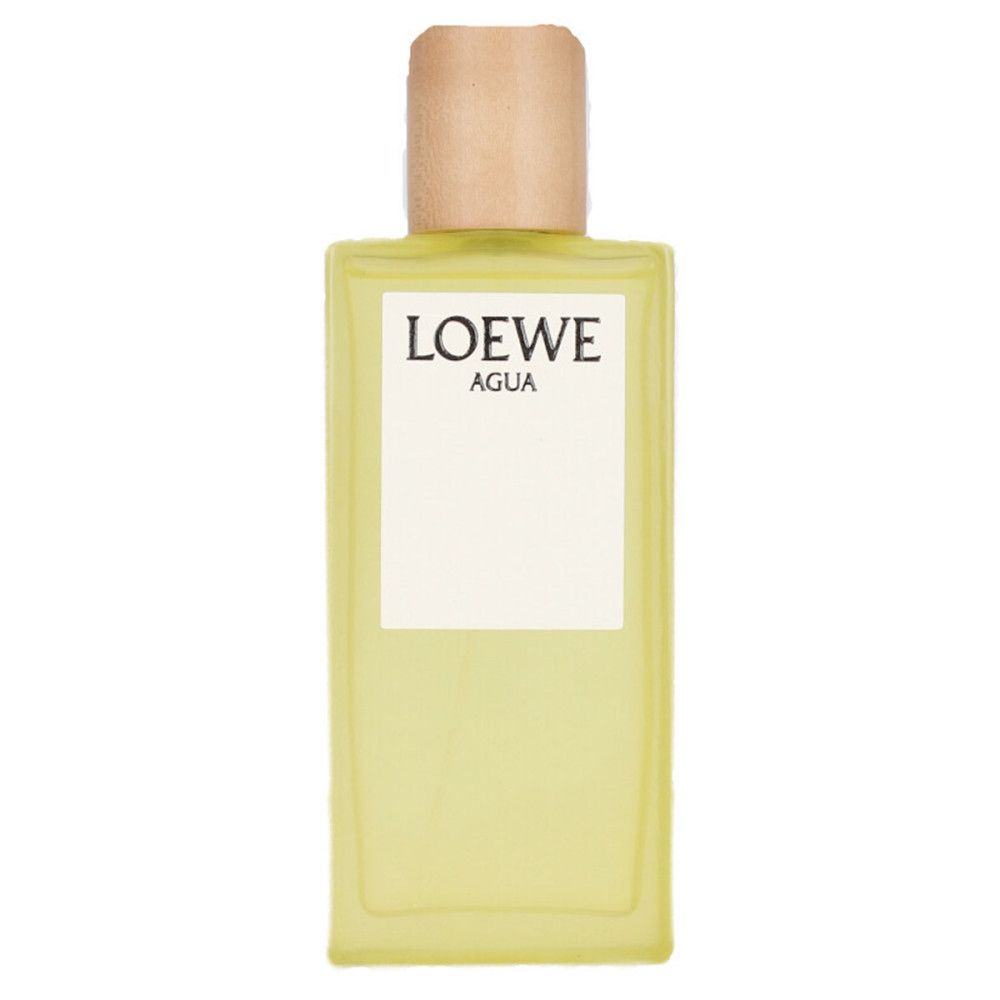Loewe Agua Eau de Toilette Flakon. Rechteckiger Flakon, helle Flüssigkeit, Holzdeckel. Weißes Etikett mit Logo.