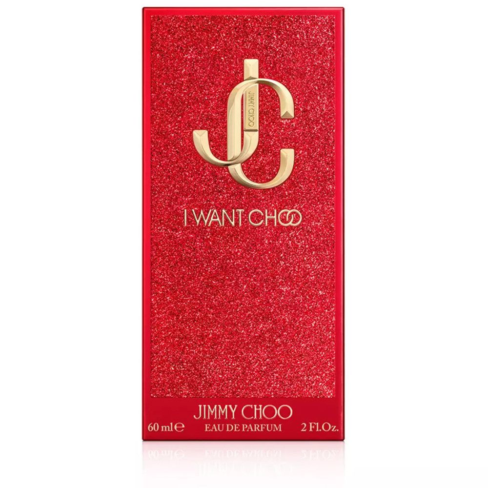 Rote rechteckige Verpackung mit goldenem Logo und Schriftzug "I WANT CHOO". Unten steht "JIMMY CHOO EAU DE PARFUM".