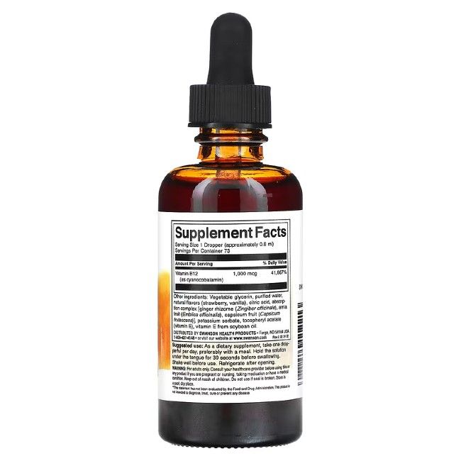 Rückseite einer braunen Glasflasche mit Pipette, zeigt Supplement Facts für SWANSON B12 Cyanocobalamin Erdbeerflüssigkeit.